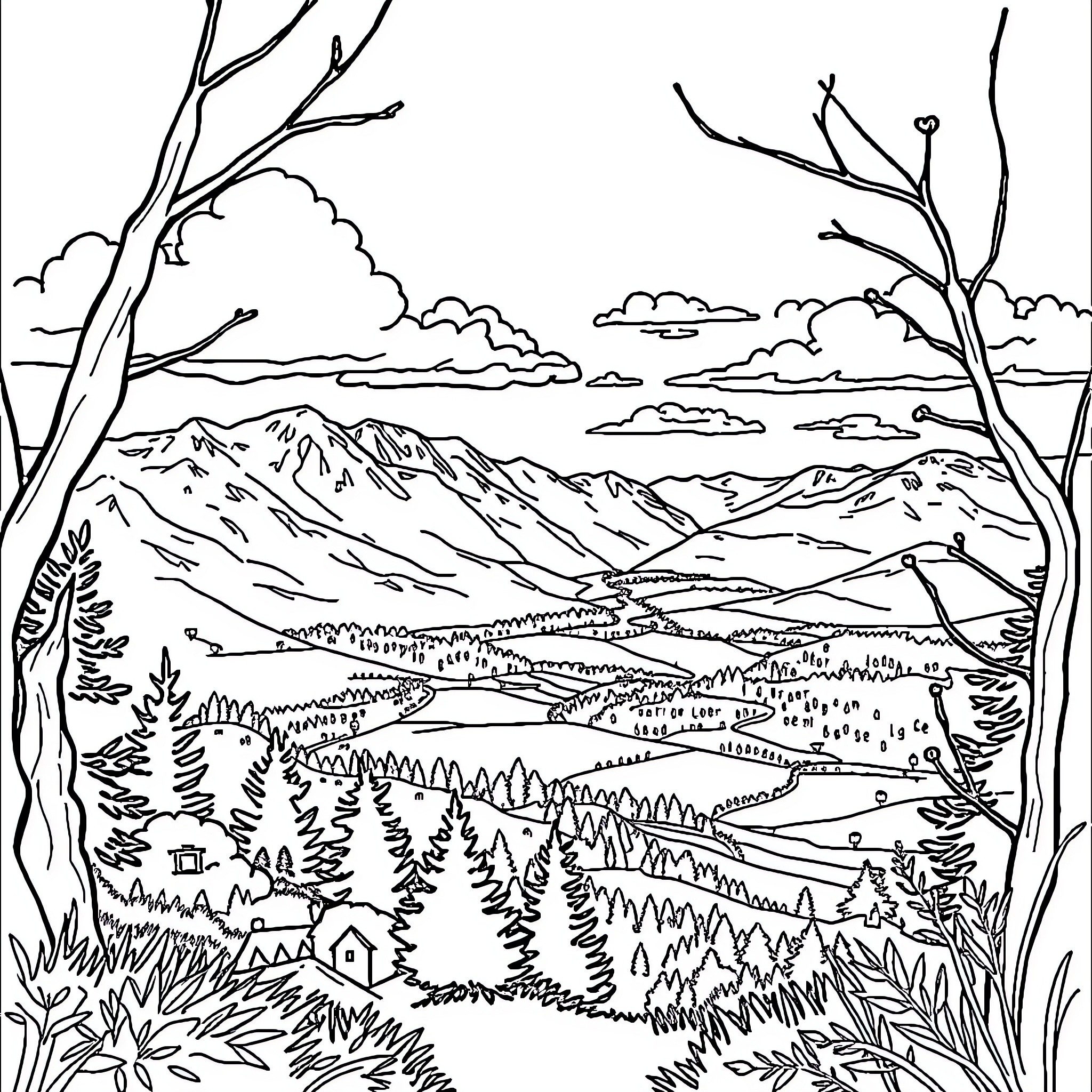 View of a Mountainous Landscape Coloring Page (free black-and-white line drawing printable PDF for all, from beginners to advanced learners, including children, teens, adults, and seniors)