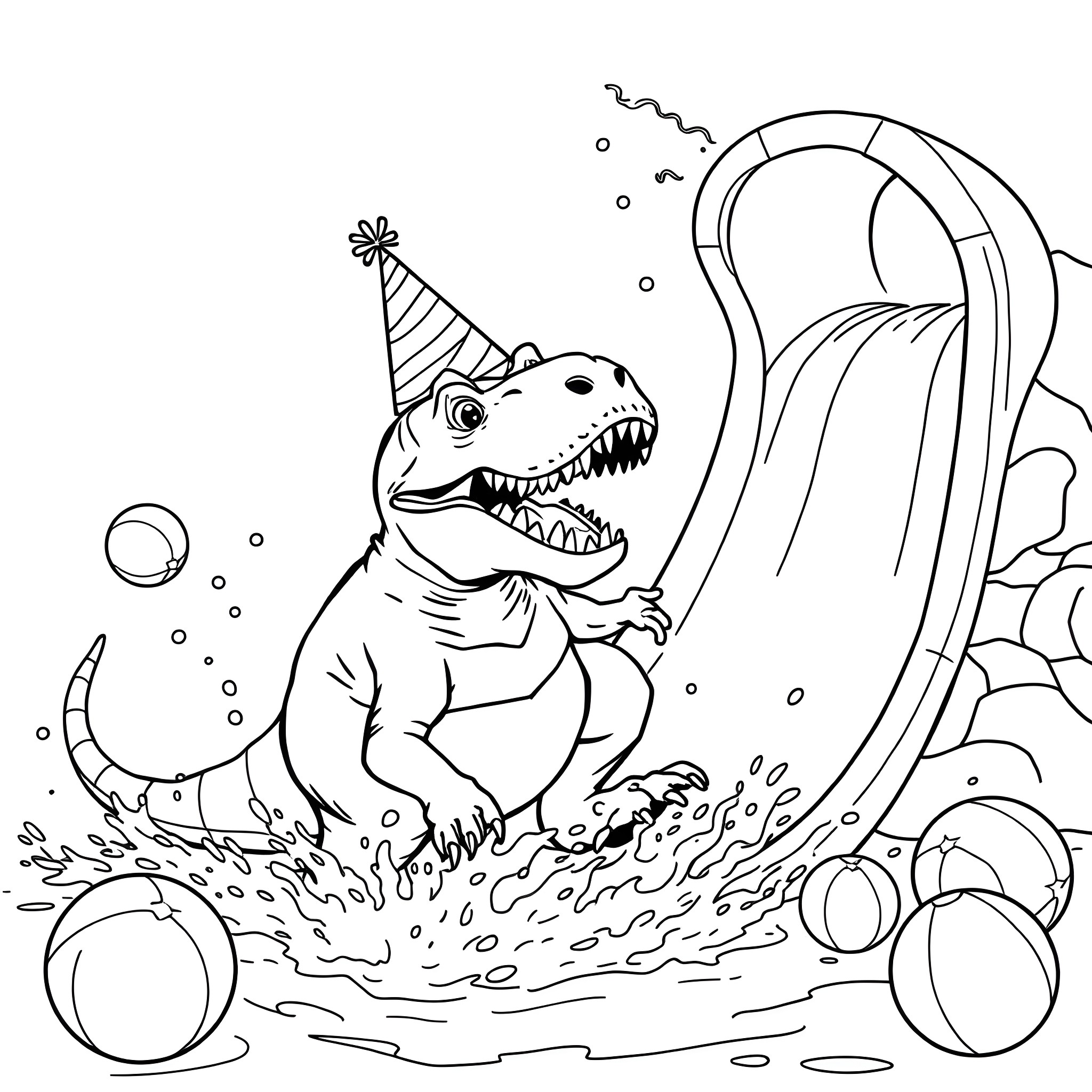 T-Rex celebrating with party hat in underwater scene Coloring Page (free black-and-white line drawing printable PDF for all, from beginners to advanced learners, including children, teens, adults, and seniors)