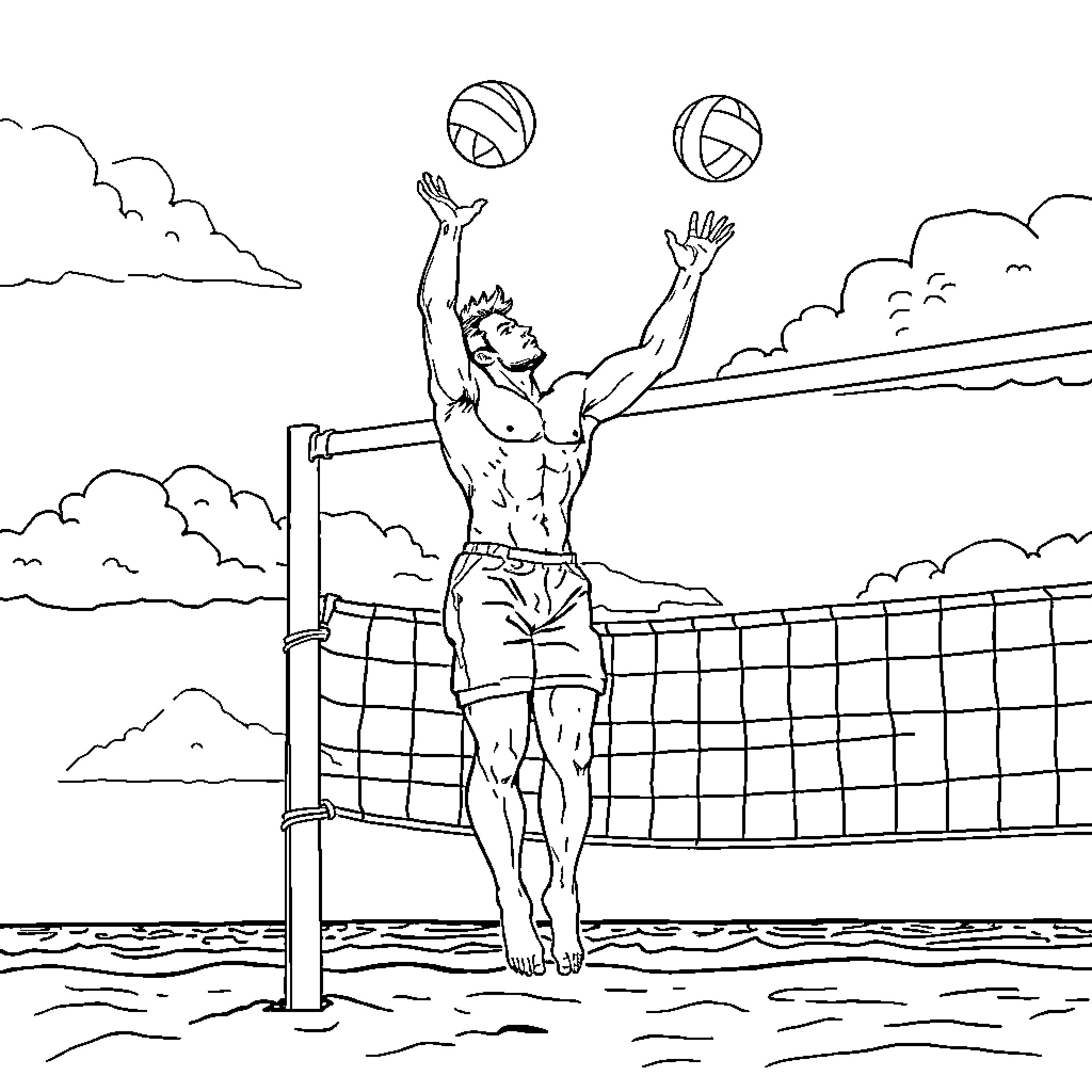 Man playing volleyball on the beach Coloring Page (free black-and-white line drawing printable PDF for all, from beginners to advanced learners, including children, teens, adults, and seniors)