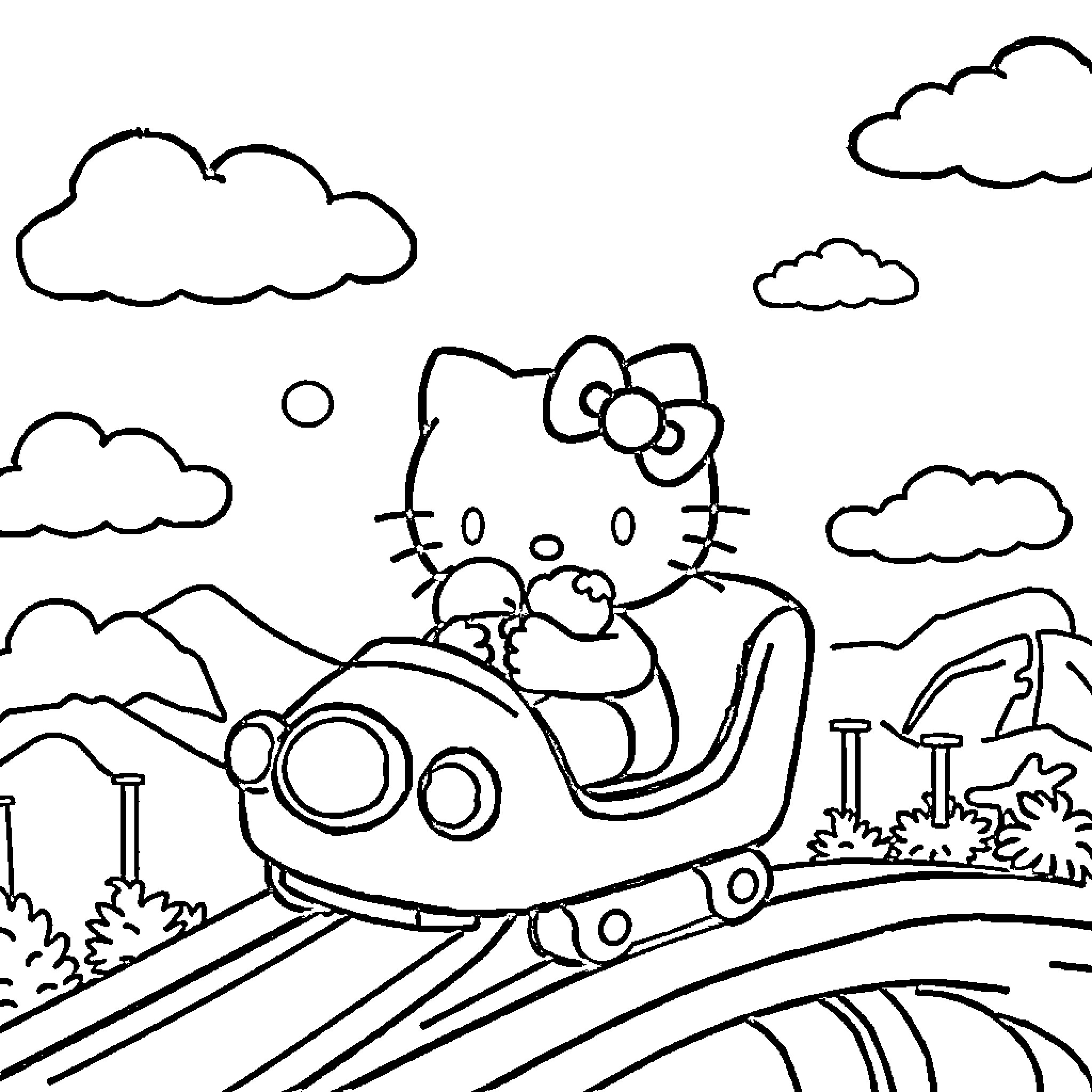 Hello Kitty riding a whimsical vehicle through nature Coloring Page (free black-and-white line drawing printable PDF for all, from beginners to advanced learners, including children, teens, adults, and seniors)