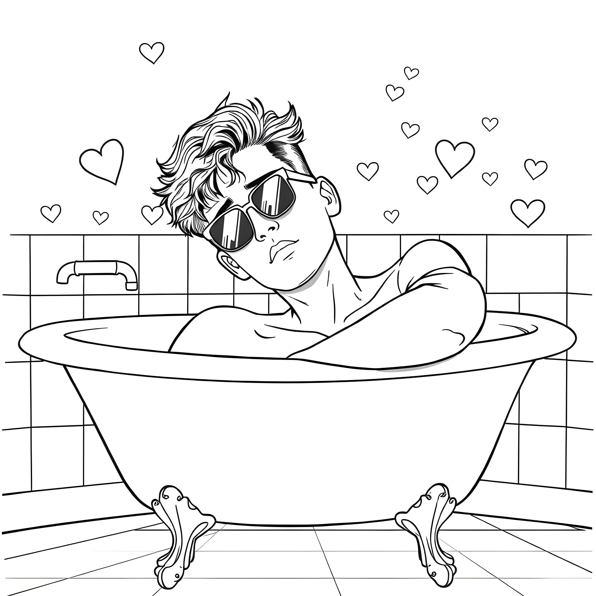 Guy relaxing in bathtub surrounded by hearts Coloring Page (free black-and-white line drawing printable PDF for all, from beginners to advanced learners, including children, teens, adults, and seniors)