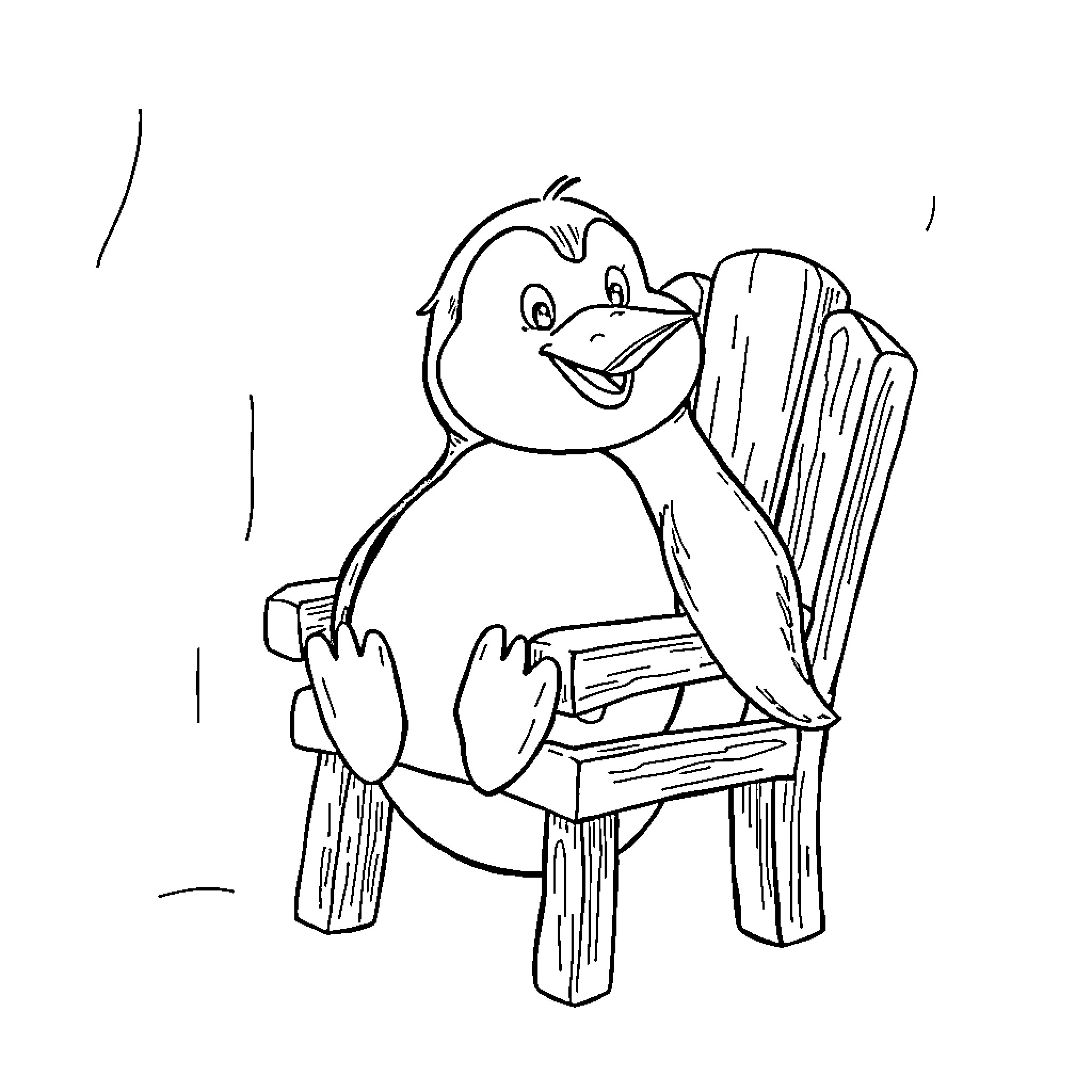 Penguin sitting happily on a wooden chair Coloring Page (free black-and-white line drawing printable PDF for all, from beginners to advanced learners, including children, teens, adults, and seniors)