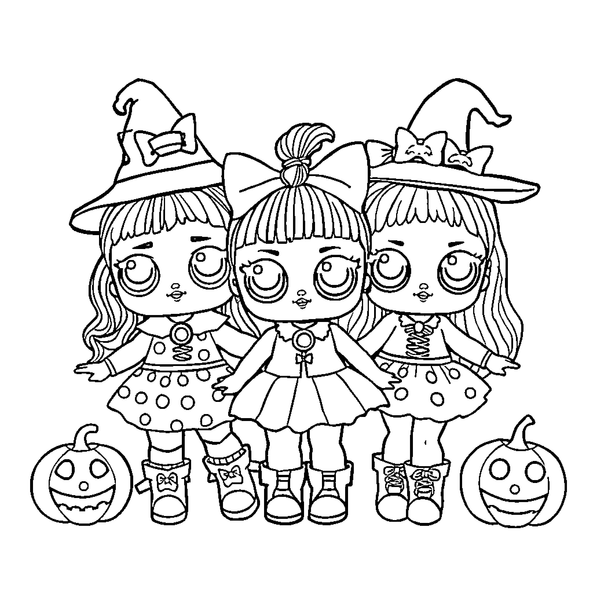 LOL Dolls Dressed for Halloween Coloring Page (free black-and-white line drawing printable PDF for all, from beginners to advanced learners, including children, teens, adults, and seniors)