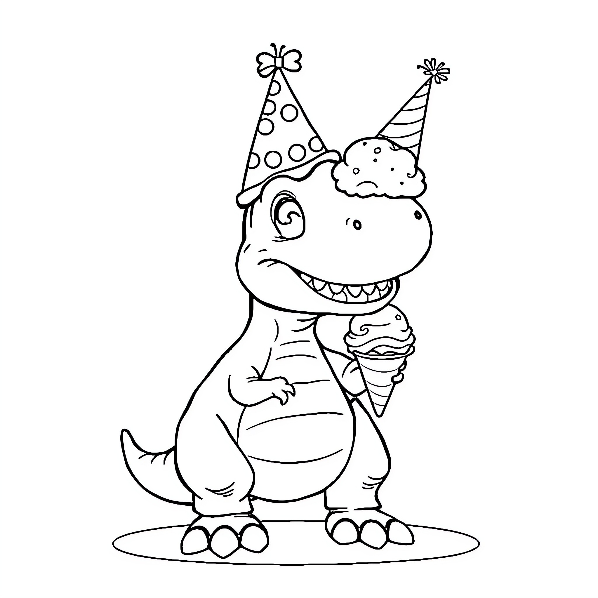 T-Rex Enjoying Birthday Party with Ice Cream Coloring Page (free black-and-white line drawing printable PDF for all, from beginners to advanced learners, including children, teens, adults, and seniors)