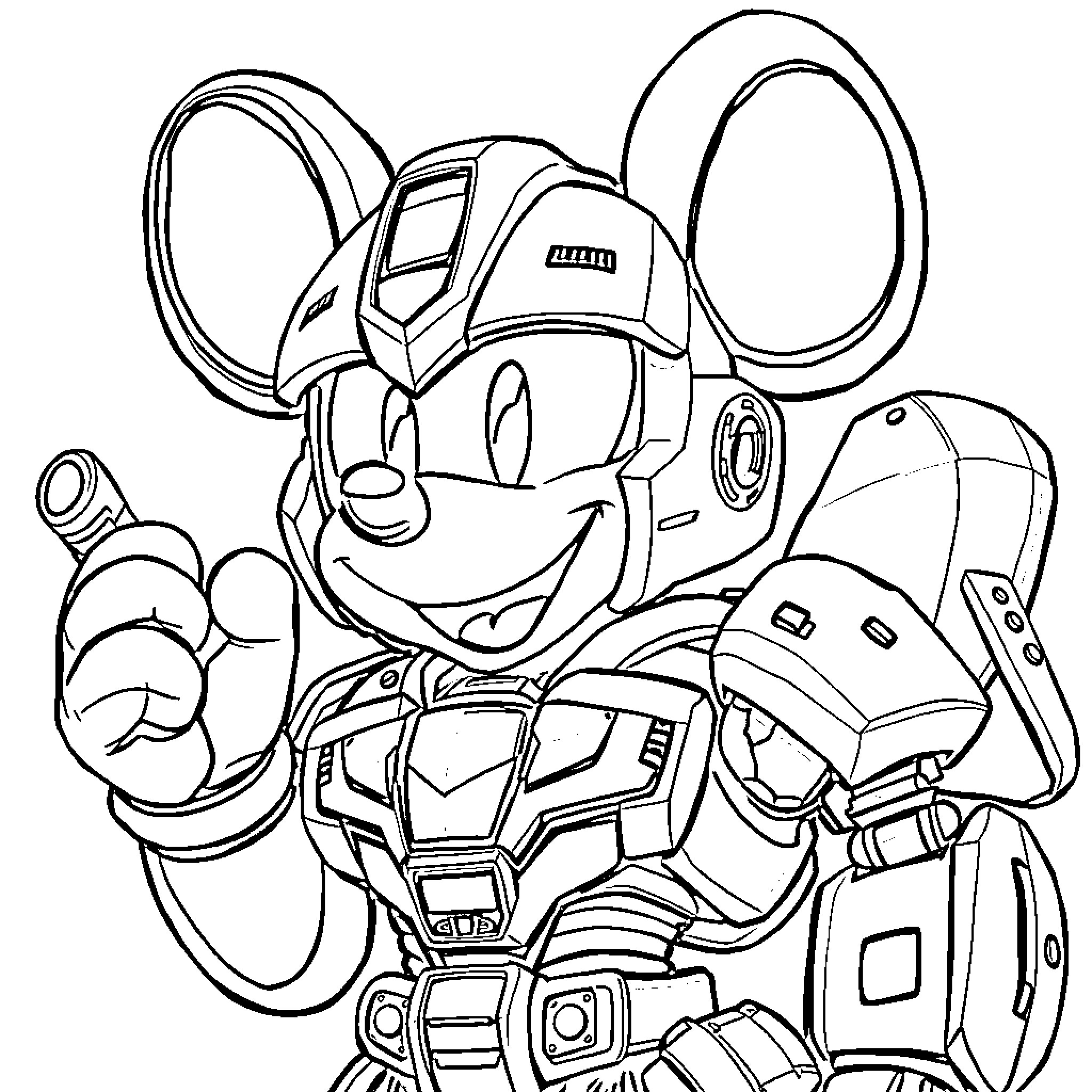 Mickey Mouse in Futuristic Mechanical Outfit Coloring Page (free black-and-white line drawing printable PDF for all, from beginners to advanced learners, including children, teens, adults, and seniors)