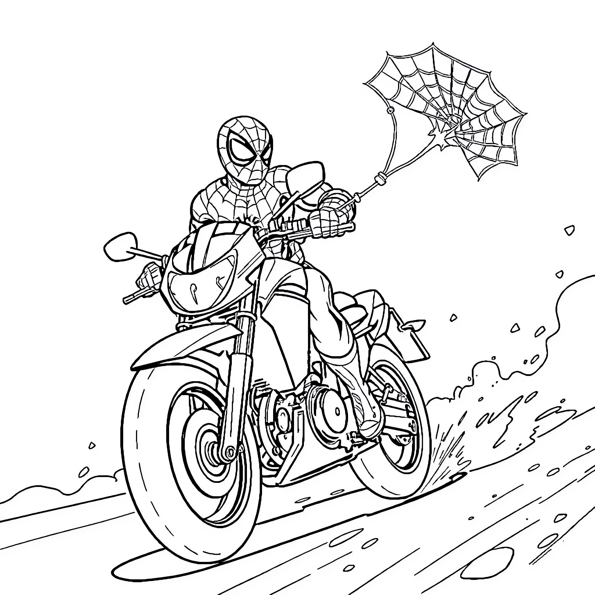 Spider-Man riding motorcycle with web-slinging action Coloring Page (free black-and-white line drawing printable PDF for all, from beginners to advanced learners, including children, teens, adults, and seniors)