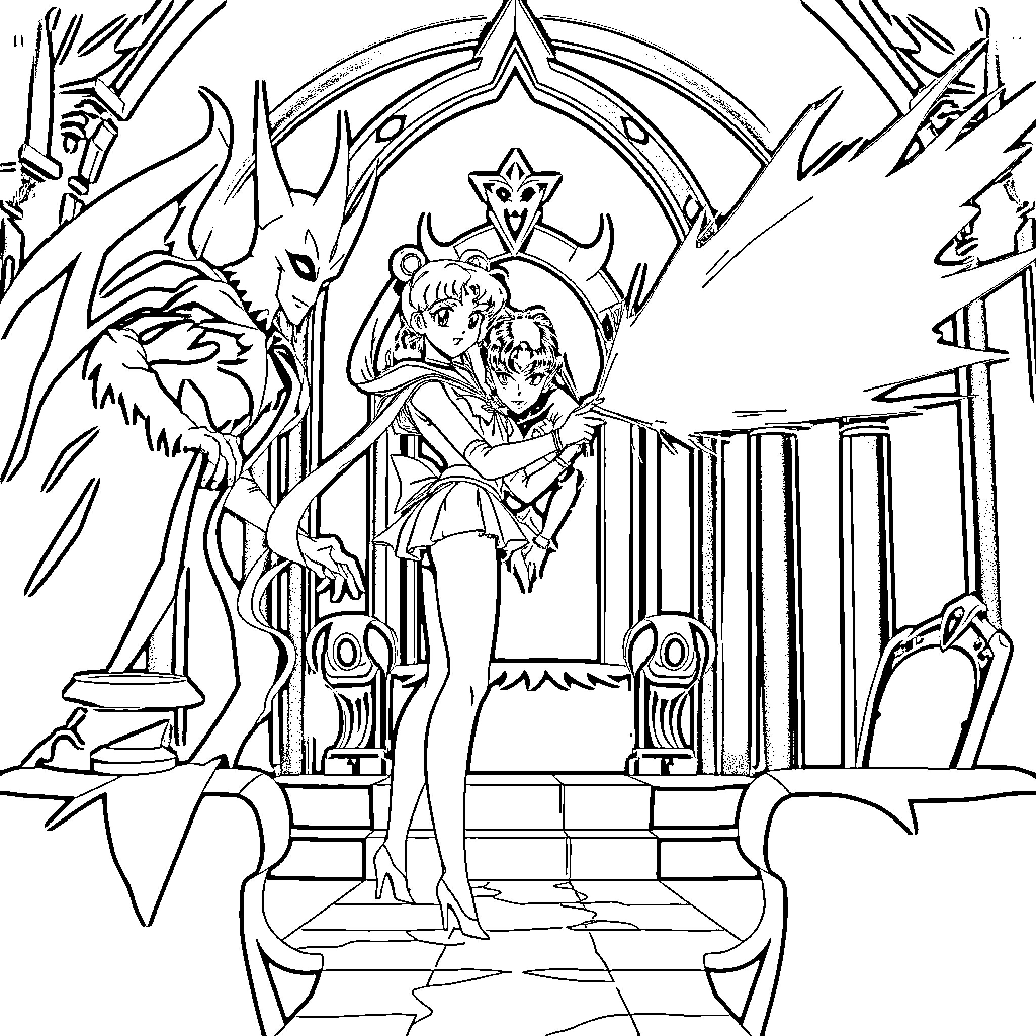 Sailor Moon heroically stands against dark forces Coloring Page (free black-and-white line drawing printable PDF for all, from beginners to advanced learners, including children, teens, adults, and seniors)