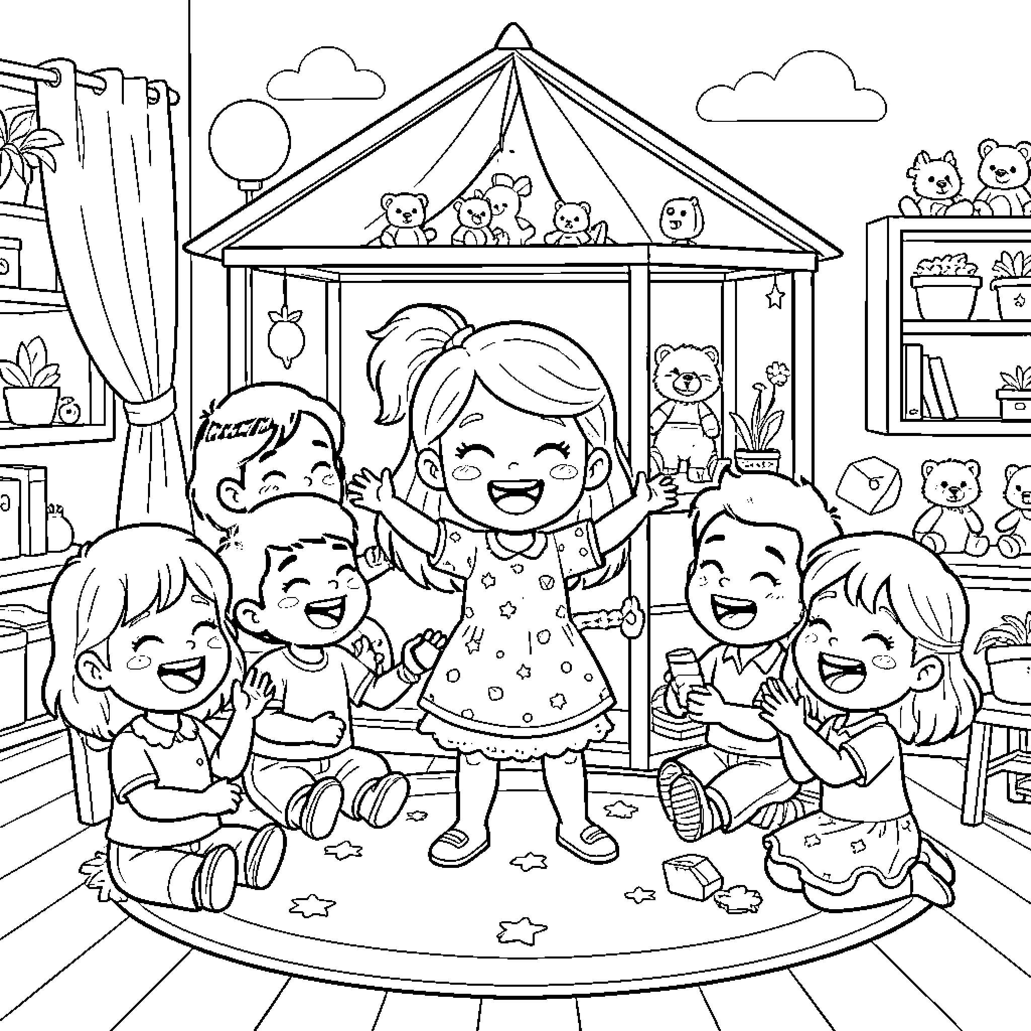 Gaby's Joyful Playhouse with Friends Coloring Page (free black-and-white line drawing printable PDF for all, from beginners to advanced learners, including children, teens, adults, and seniors)