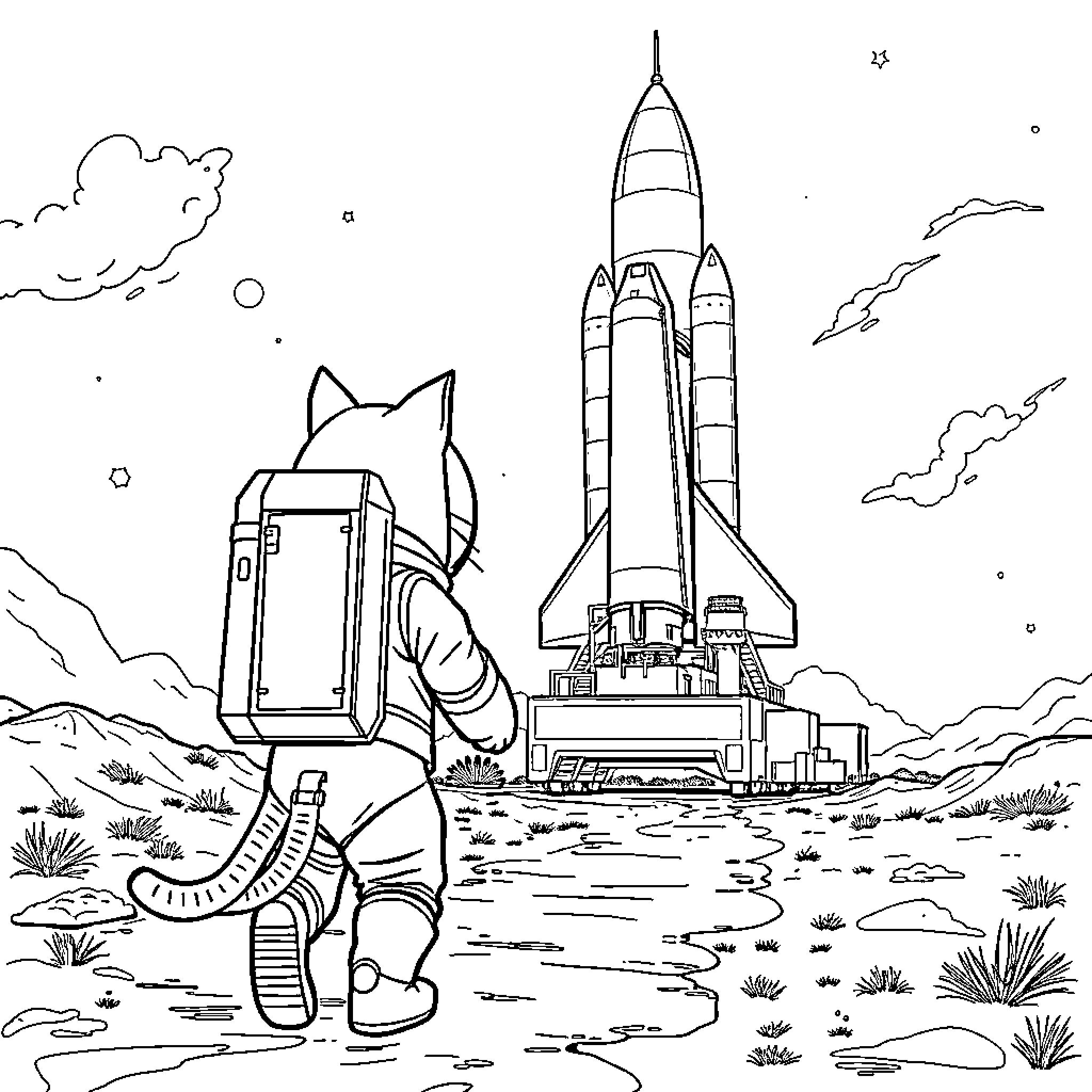 Cat astronaut exploring rocket launch site Coloring Page (free black-and-white line drawing printable PDF for all, from beginners to advanced learners, including children, teens, adults, and seniors)