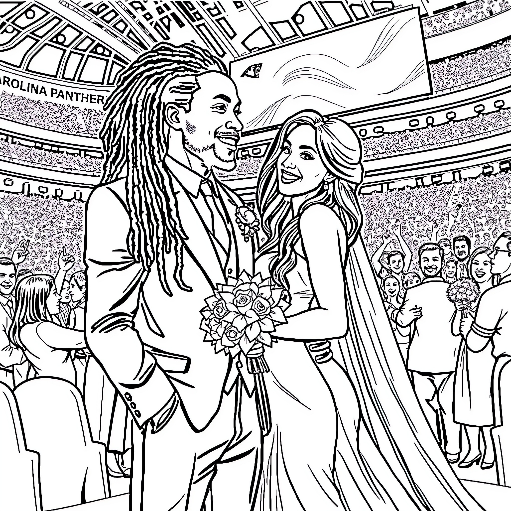 Bride and Groom Exchanging Vows in a Formal Wedding Ceremony Coloring Page (free black-and-white line drawing printable PDF for all, from beginners to advanced learners, including children, teens, adults, and seniors)