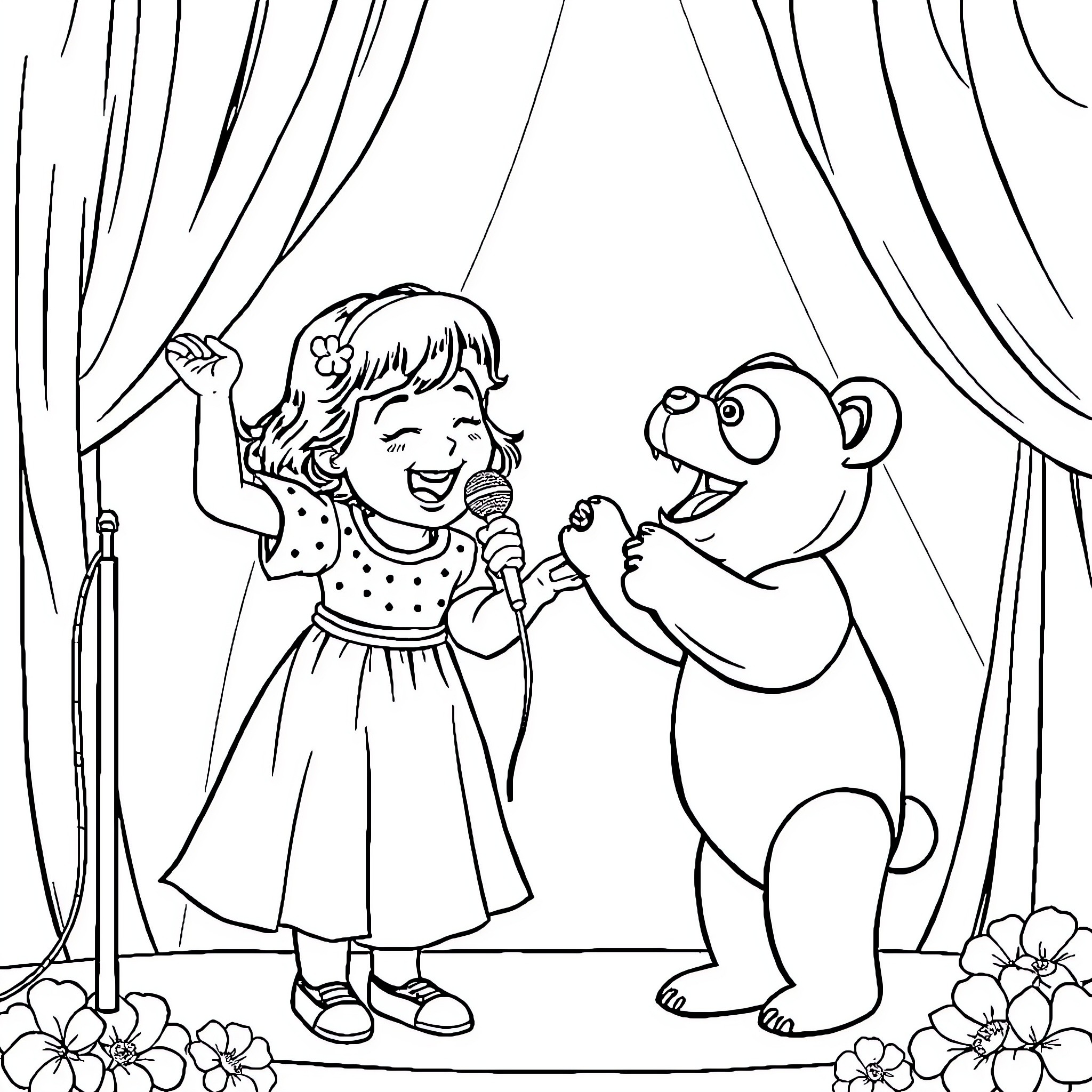 Chantal Goya performing on stage with a friendly puppet Coloring Page (free black-and-white line drawing printable PDF for all, from beginners to advanced learners, including children, teens, adults, and seniors)