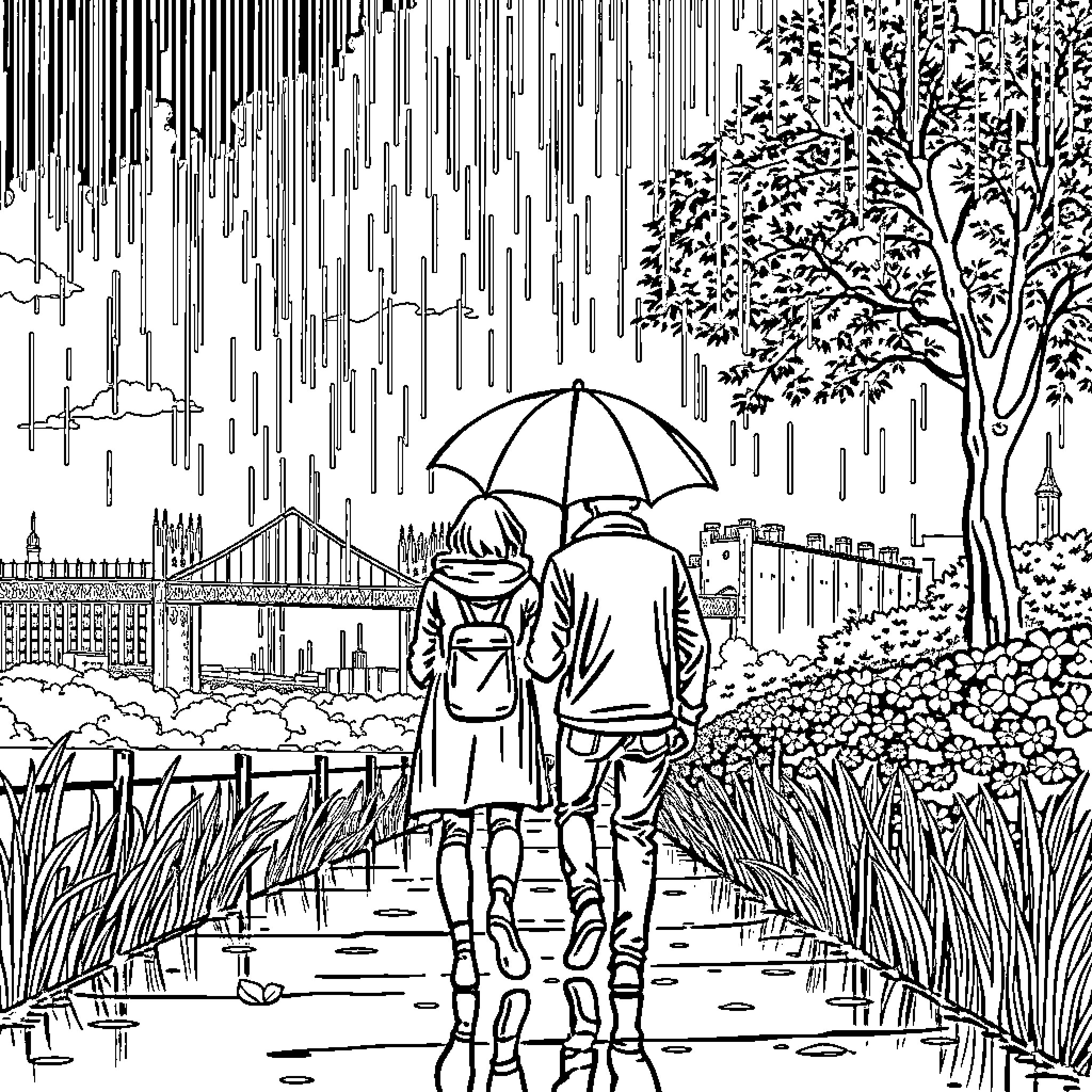 Couple walking together on a rainy day in the city Coloring Page (free black-and-white line drawing printable PDF for all, from beginners to advanced learners, including children, teens, adults, and seniors)