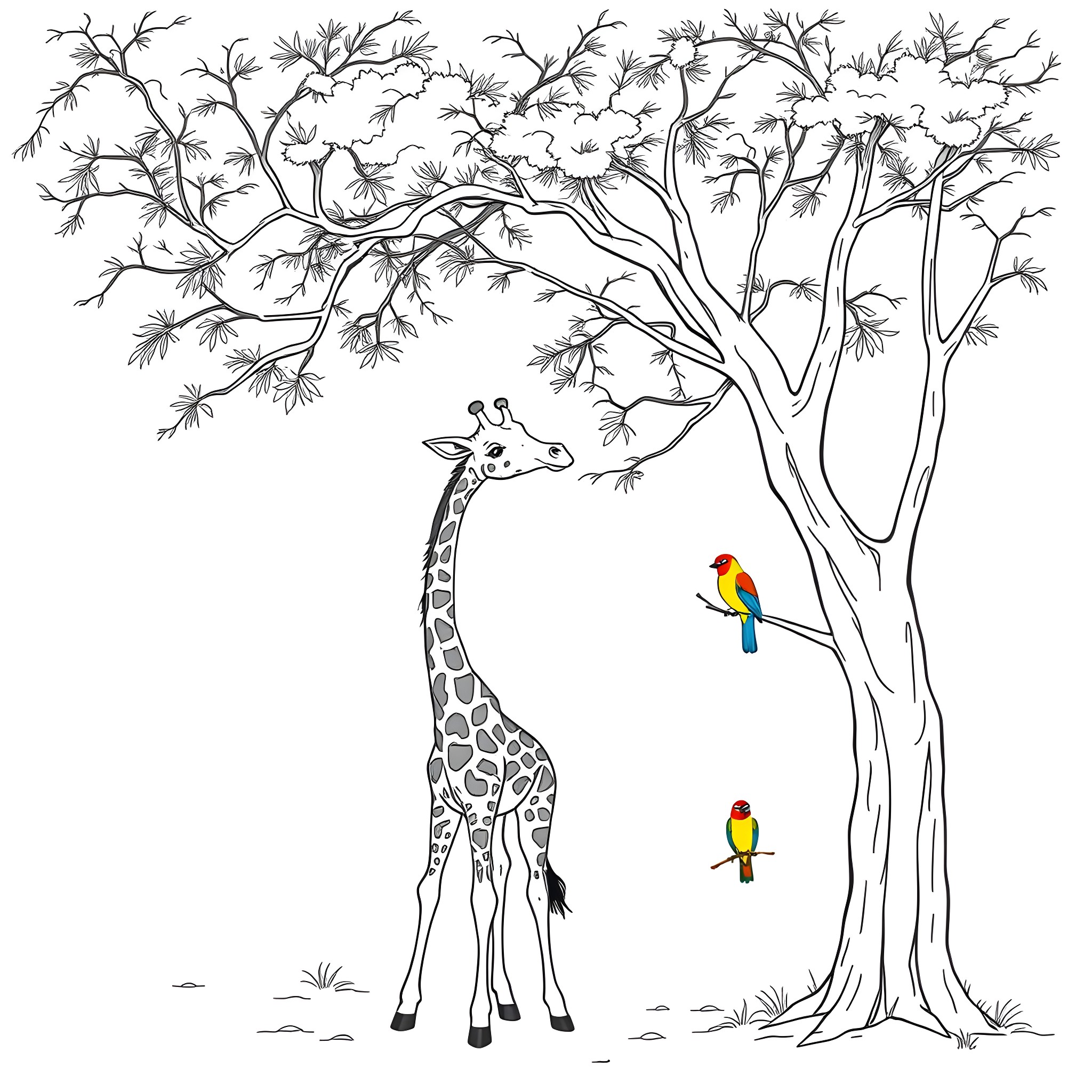 Giraffe standing under a tree with colorful birds Coloring Page (free black-and-white line drawing printable PDF for all, from beginners to advanced learners, including children, teens, adults, and seniors)