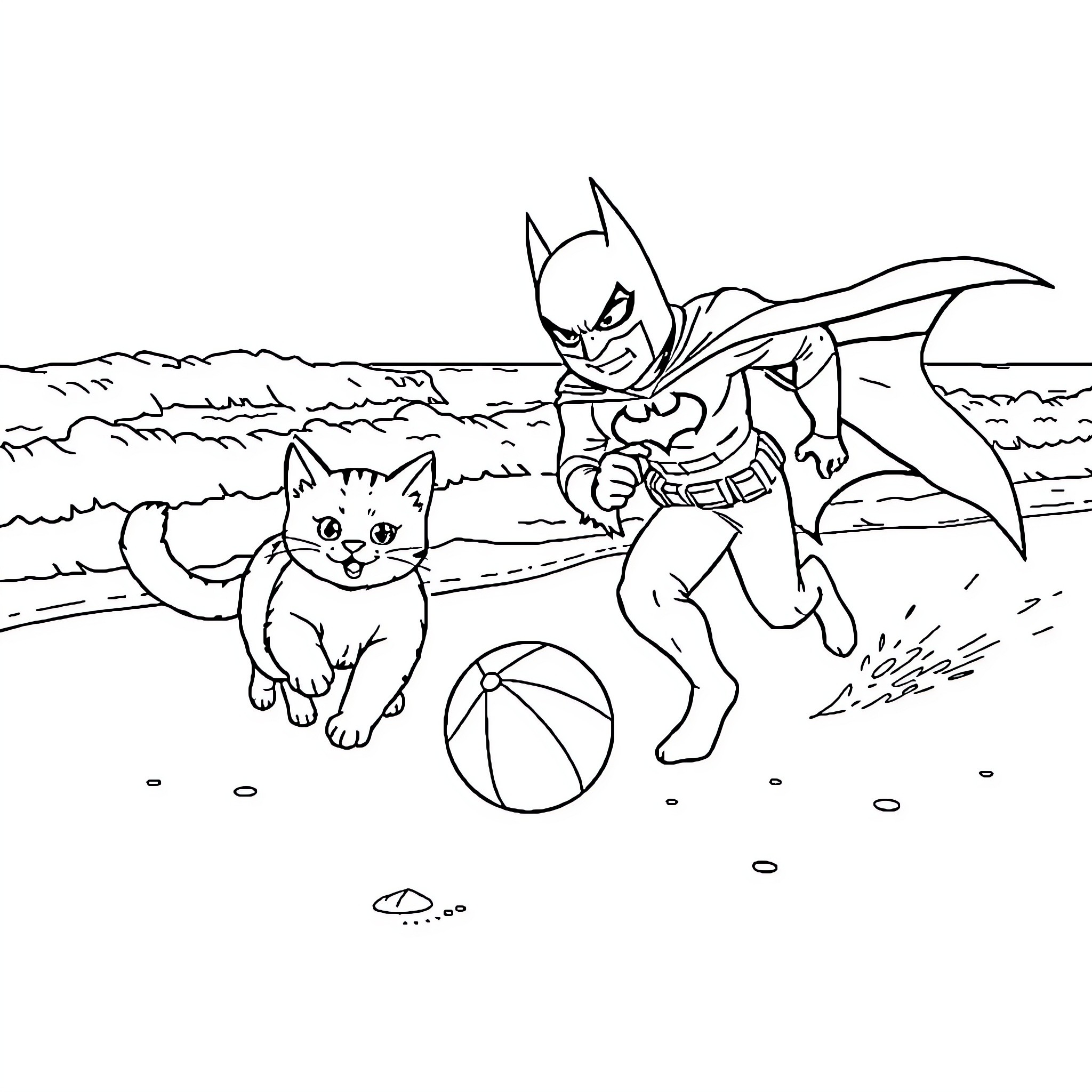 Batman and Kitten Playing on the Beach Coloring Page (free black-and-white line drawing printable PDF for all, from beginners to advanced learners, including children, teens, adults, and seniors)