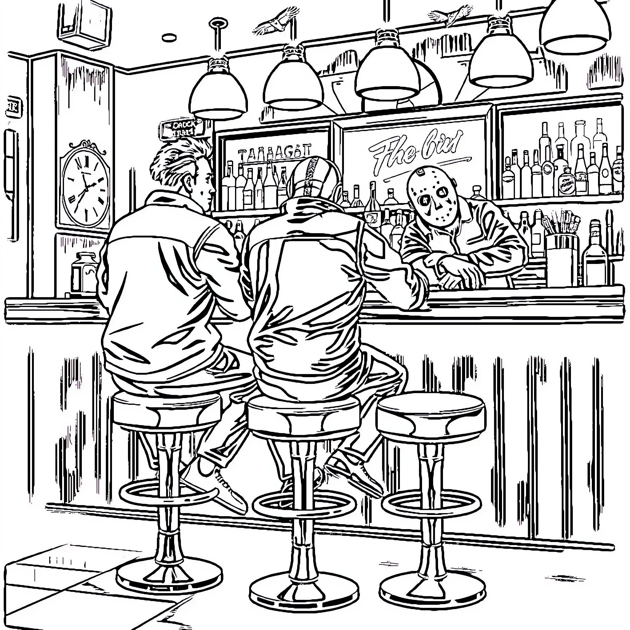 Horror Character Sitting at a Dimly Lit Bar Coloring Page (free black-and-white line drawing printable PDF for all, from beginners to advanced learners, including children, teens, adults, and seniors)
