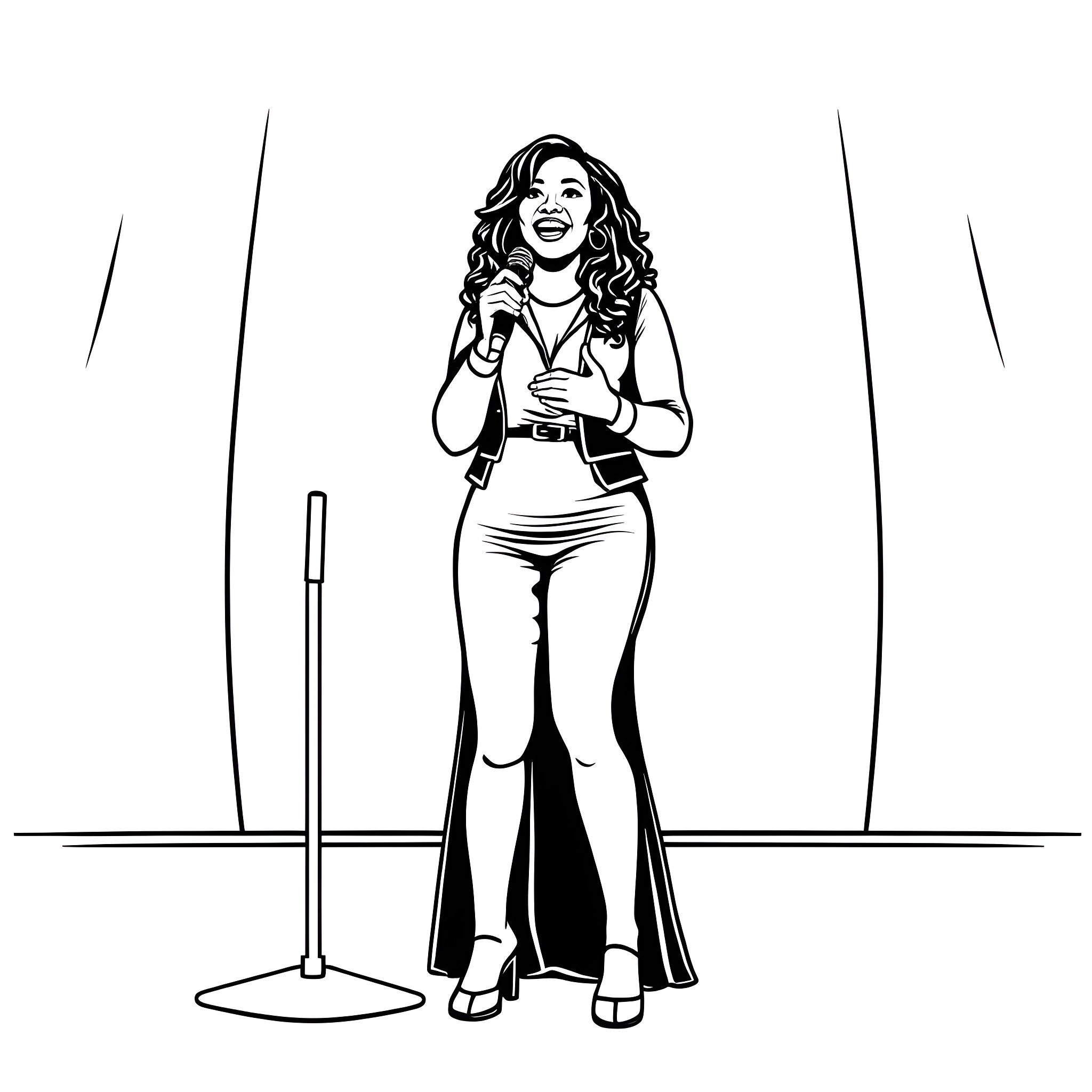 Erica Campbell Performing on Stage Coloring Page (free black-and-white line drawing printable PDF for all, from beginners to advanced learners, including children, teens, adults, and seniors)