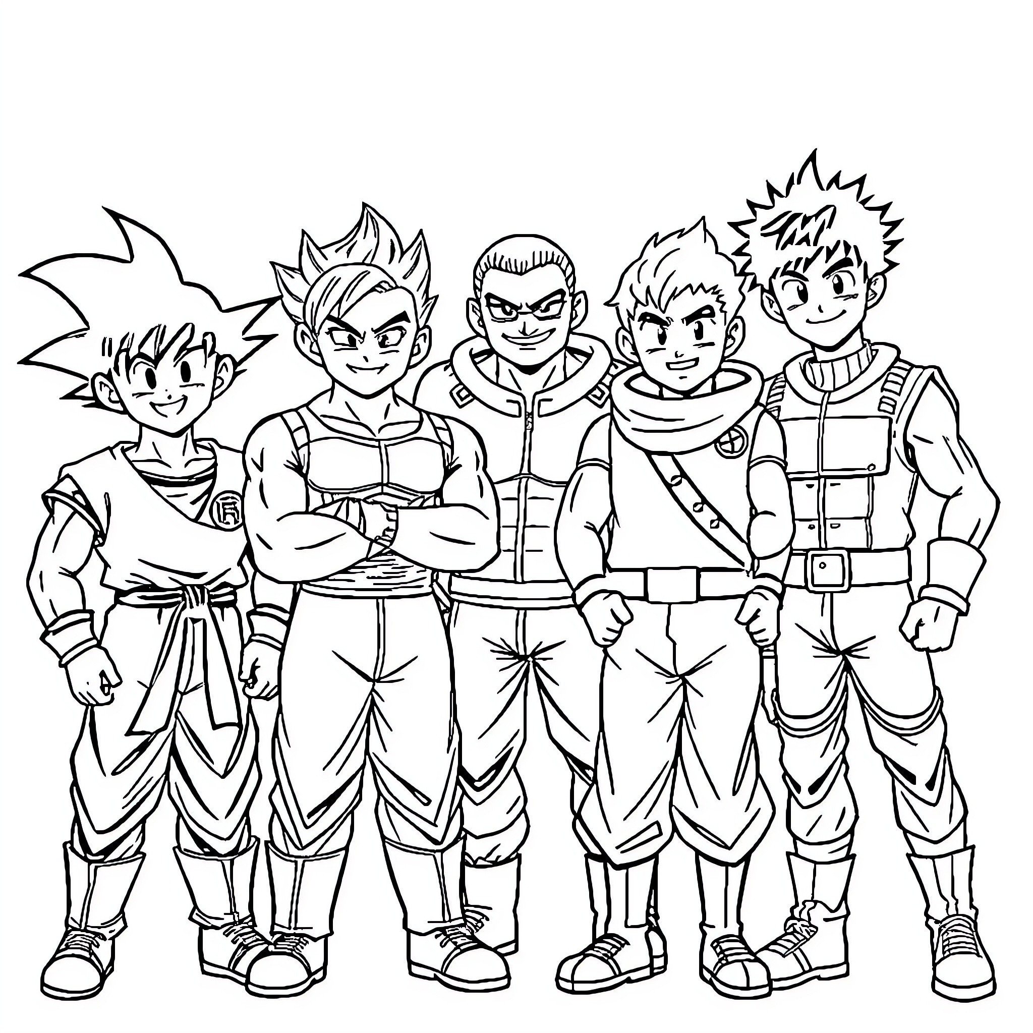 Character group portrait of anime-style warriors Coloring Page (free black-and-white line drawing printable PDF for all, from beginners to advanced learners, including children, teens, adults, and seniors)