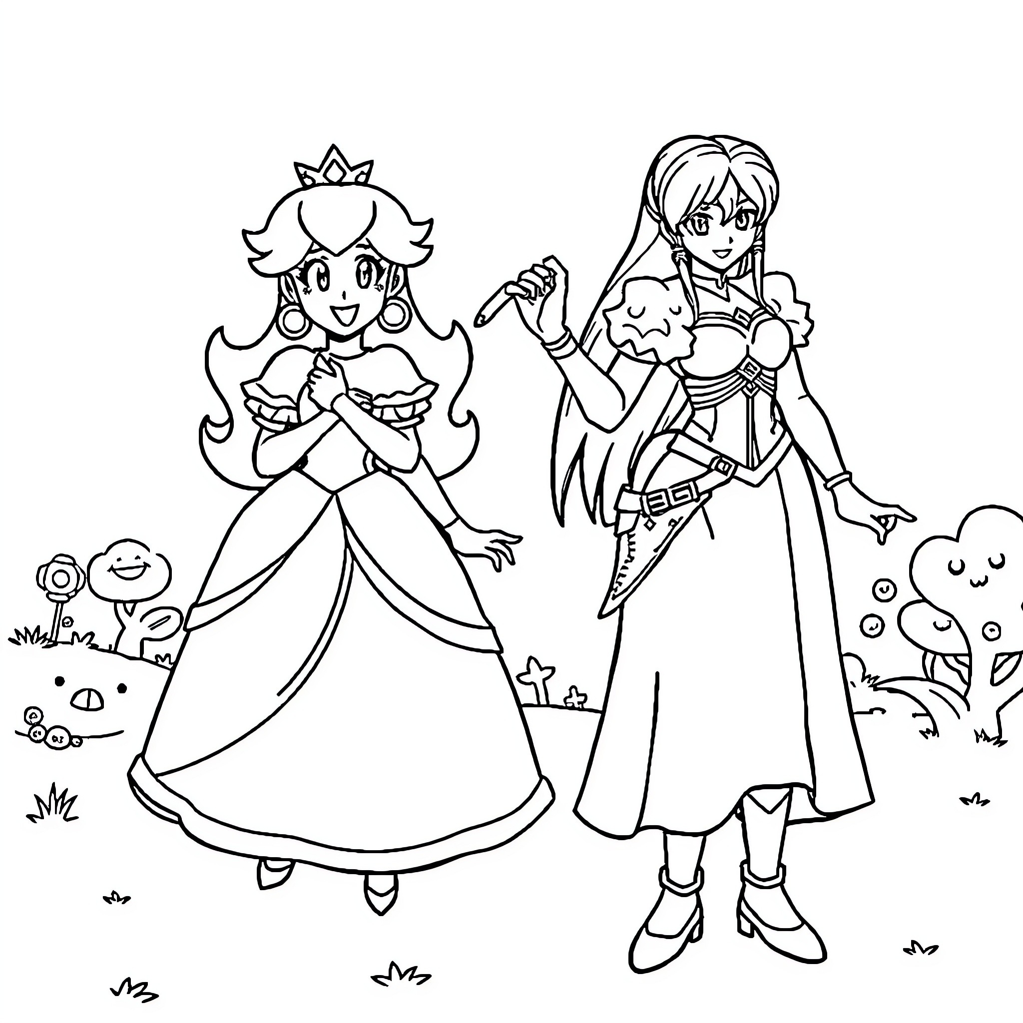 Princess and Warrior Maiden in Enchanted Forest Coloring Page (free black-and-white line drawing printable PDF for all, from beginners to advanced learners, including children, teens, adults, and seniors)