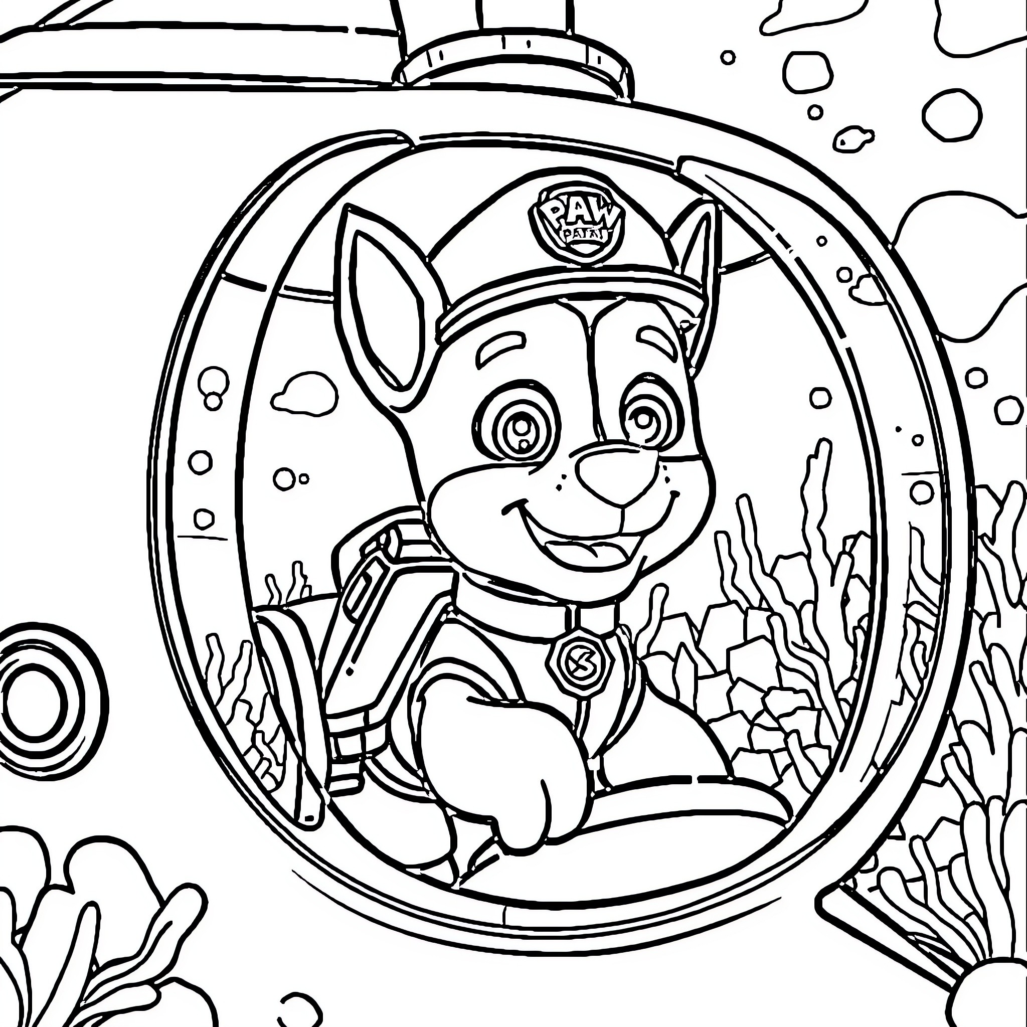 Marcus exploring the underwater world in his diving gear Coloring Page (free black-and-white line drawing printable PDF for all, from beginners to advanced learners, including children, teens, adults, and seniors)