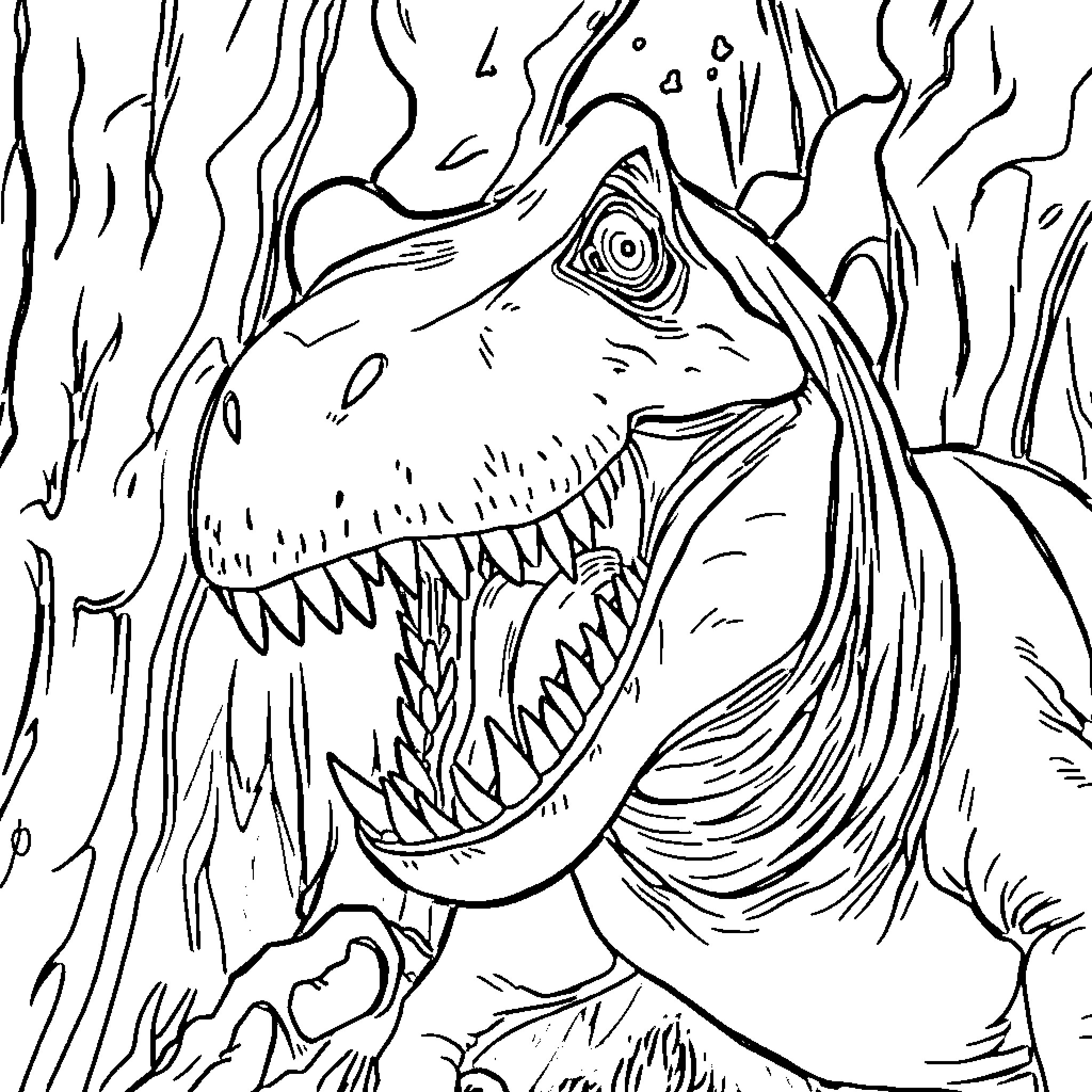Sarcosuchus Prehistoric Predator in the Wild Coloring Page (free black-and-white line drawing printable PDF for all, from beginners to advanced learners, including children, teens, adults, and seniors)