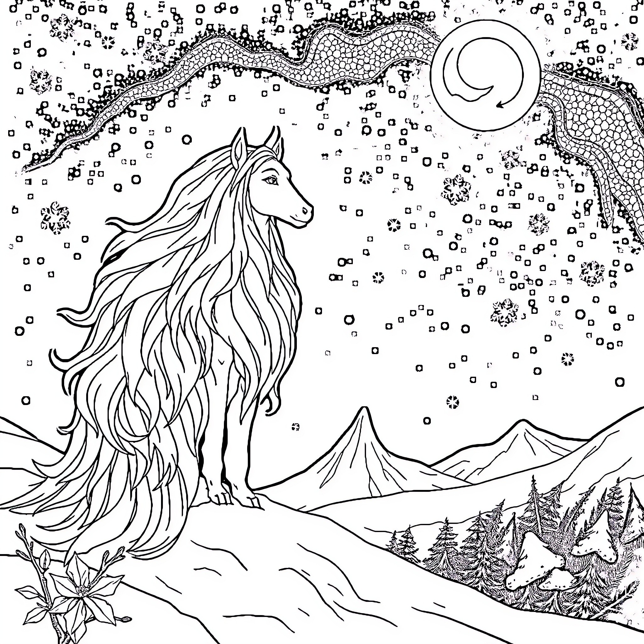 Queen of the Winter Wonderland Coloring Page (free black-and-white line drawing printable PDF for all, from beginners to advanced learners, including children, teens, adults, and seniors)