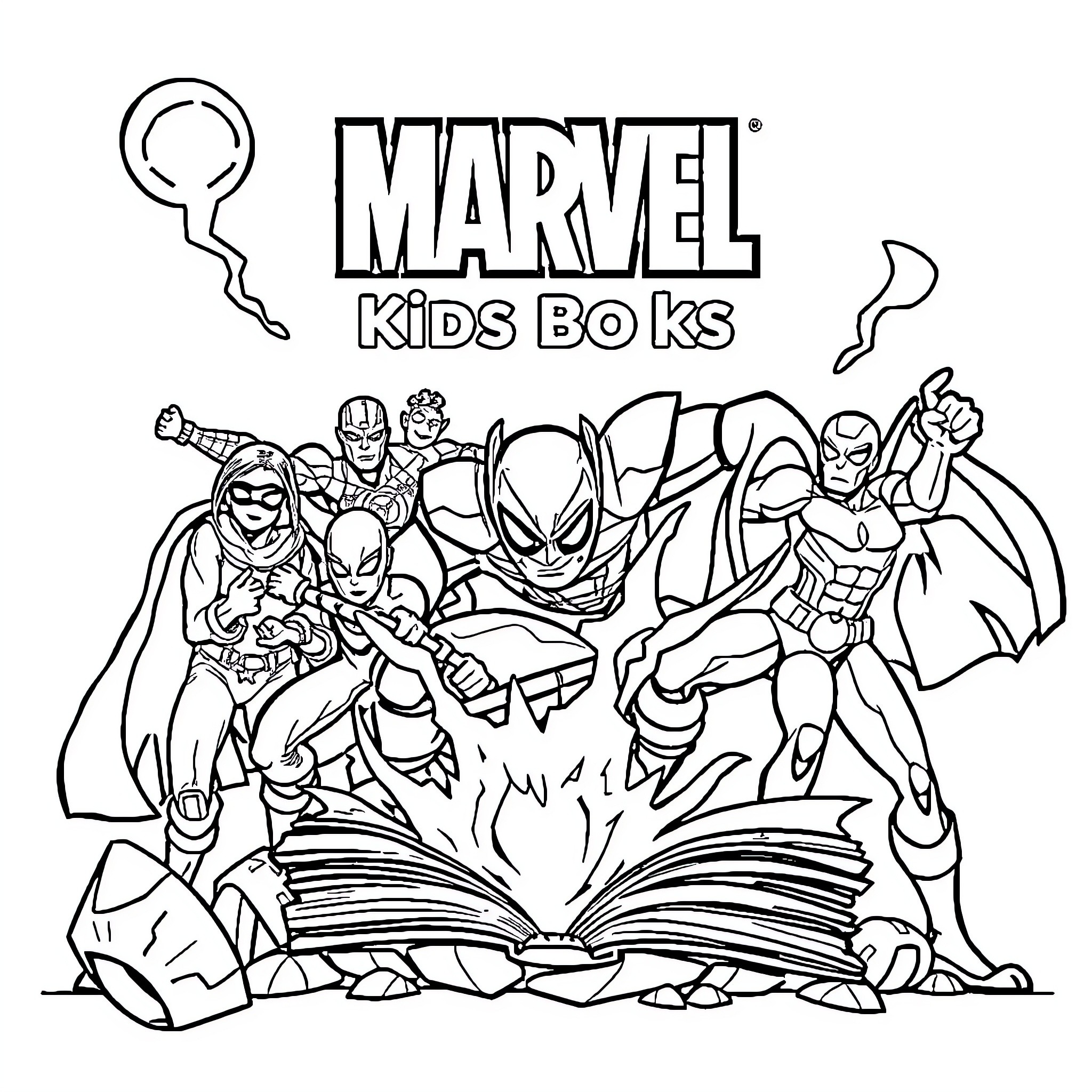 Marvel Heroes Leap from Storybook Pages Coloring Page (free black-and-white line drawing printable PDF for all, from beginners to advanced learners, including children, teens, adults, and seniors)