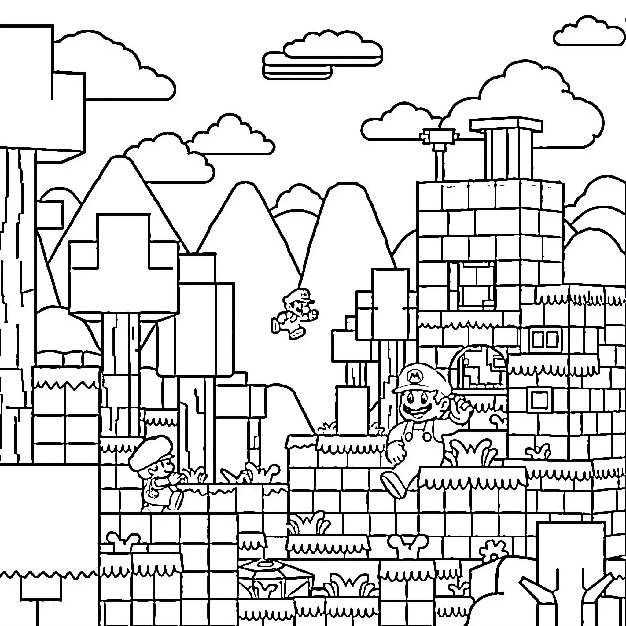 Mario's Whimsical Adventure in a Fantastical Landscape Coloring Page (free black-and-white line drawing printable PDF for all, from beginners to advanced learners, including children, teens, adults, and seniors)