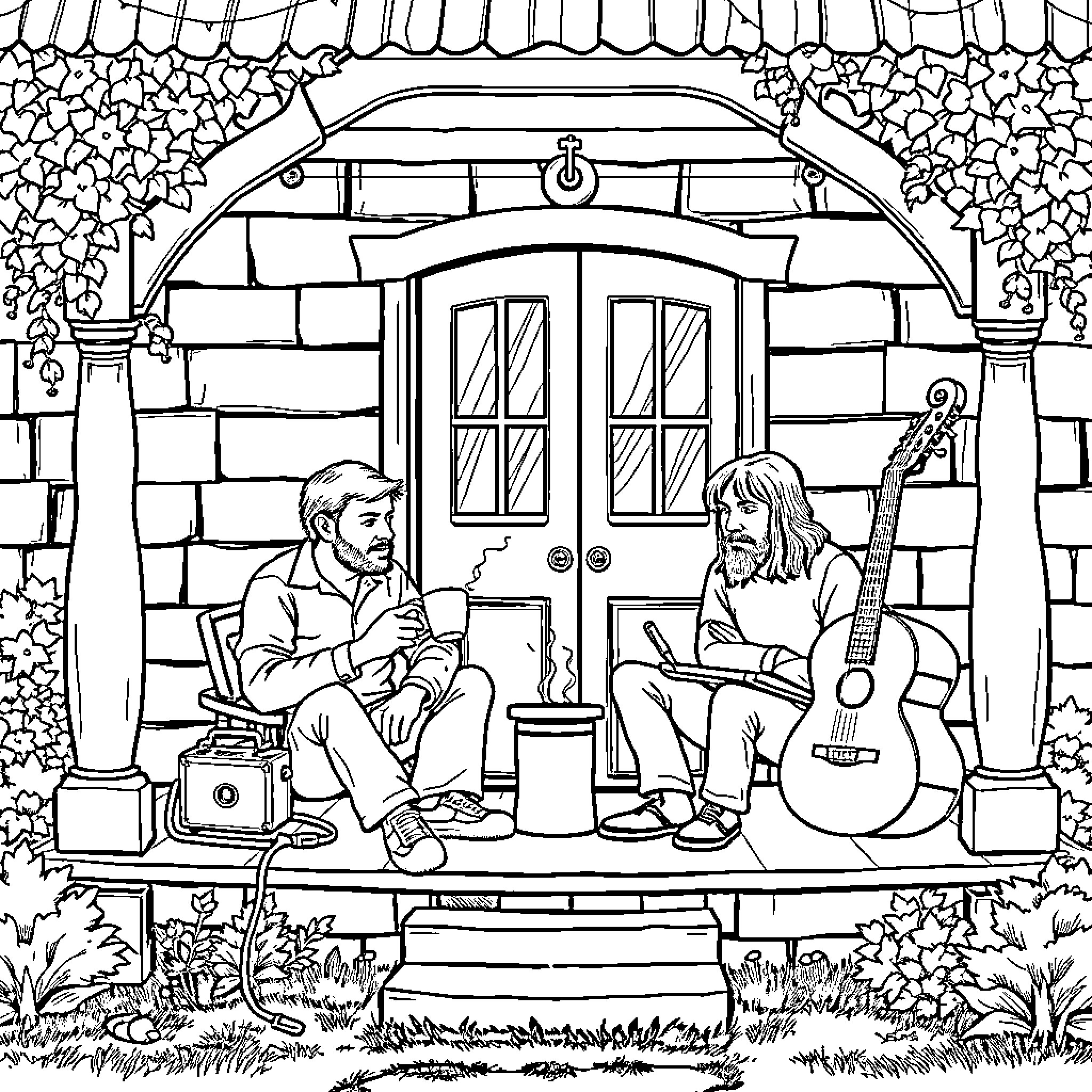 Pink Floyd Musicians Performing on Porch Coloring Page (free black-and-white line drawing printable PDF for all, from beginners to advanced learners, including children, teens, adults, and seniors)