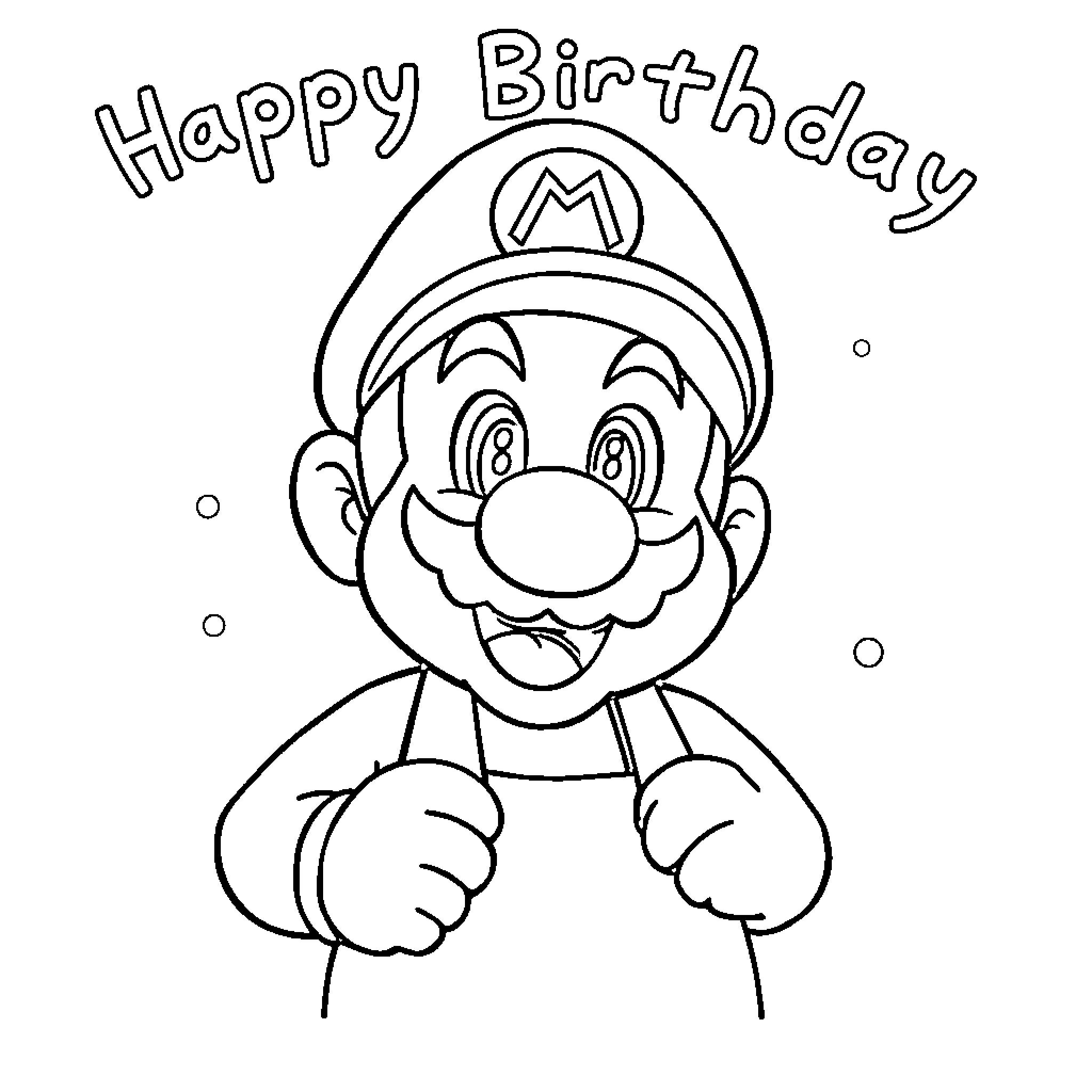 Mario Celebrates Happy Birthday with Cheerful Expression Coloring Page (free black-and-white line drawing printable PDF for all, from beginners to advanced learners, including children, teens, adults, and seniors)