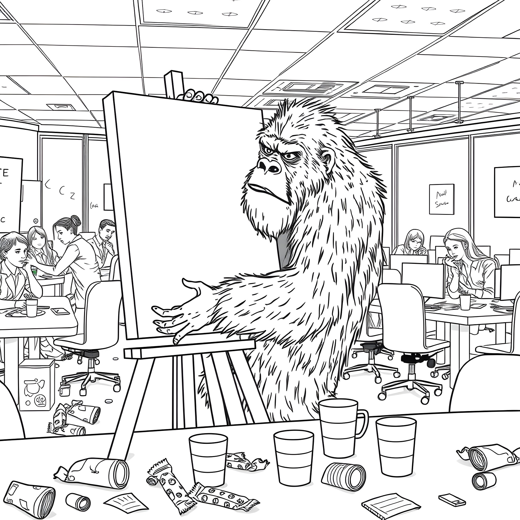 Sasquatch sketching in the office environment Coloring Page (free black-and-white line drawing printable PDF for all, from beginners to advanced learners, including children, teens, adults, and seniors)