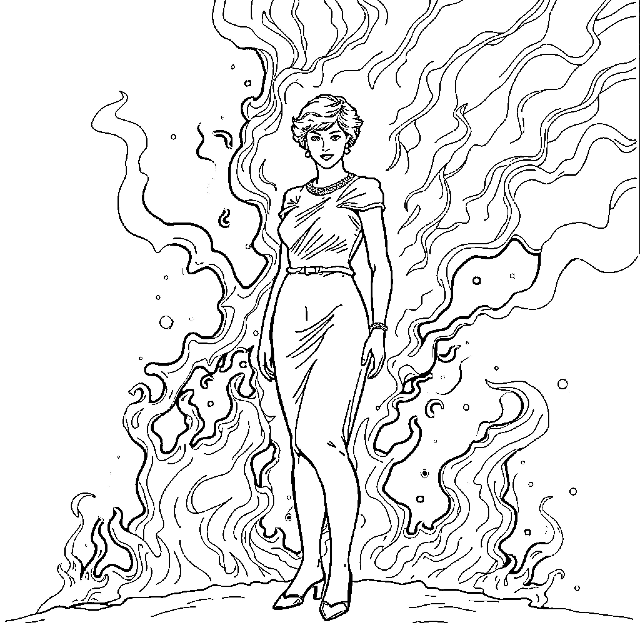 Princess Diana in Ethereal Elegance Coloring Page (free black-and-white line drawing printable PDF for all, from beginners to advanced learners, including children, teens, adults, and seniors)
