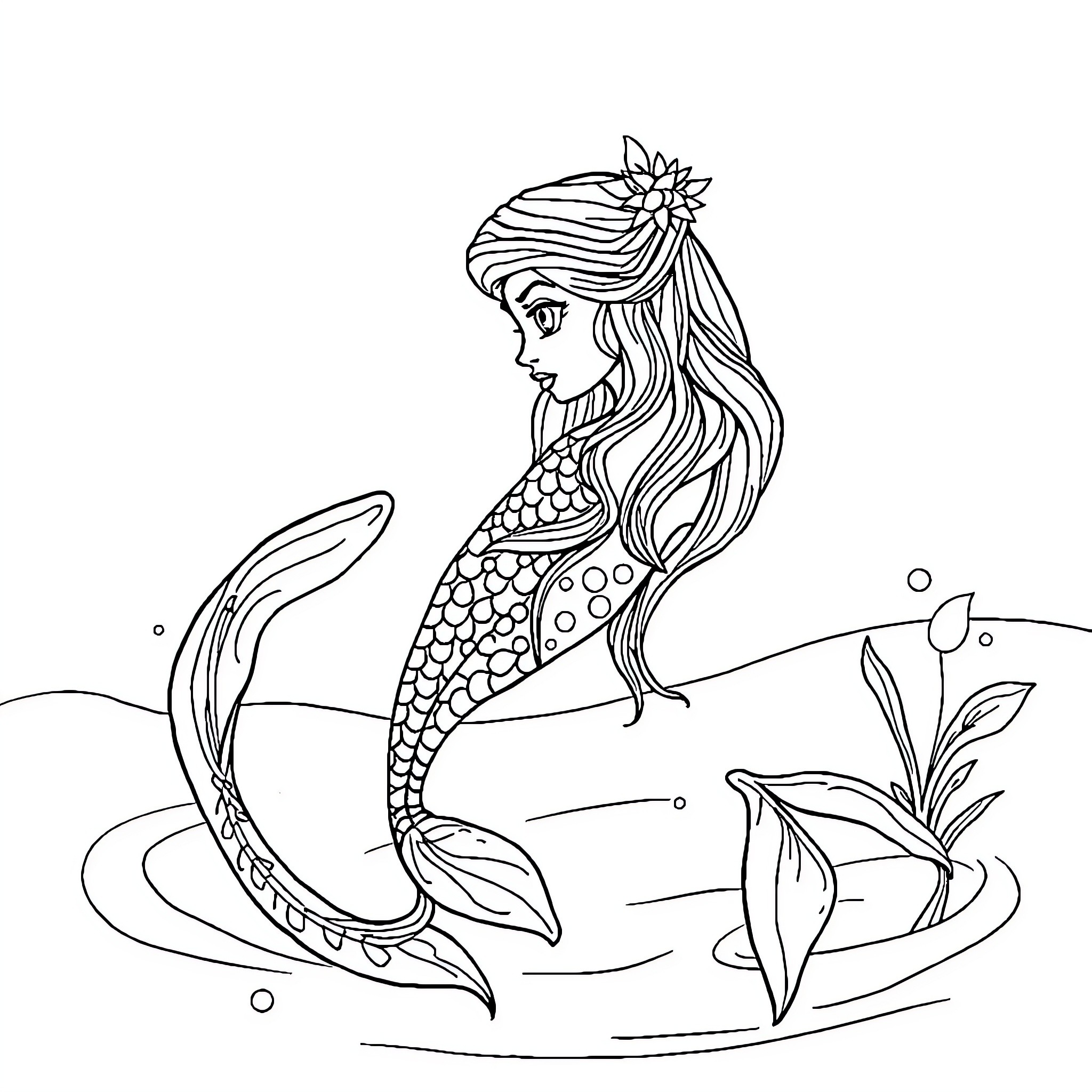 Mermaid swimming gracefully in the ocean Coloring Page (free black-and-white line drawing printable PDF for all, from beginners to advanced learners, including children, teens, adults, and seniors)