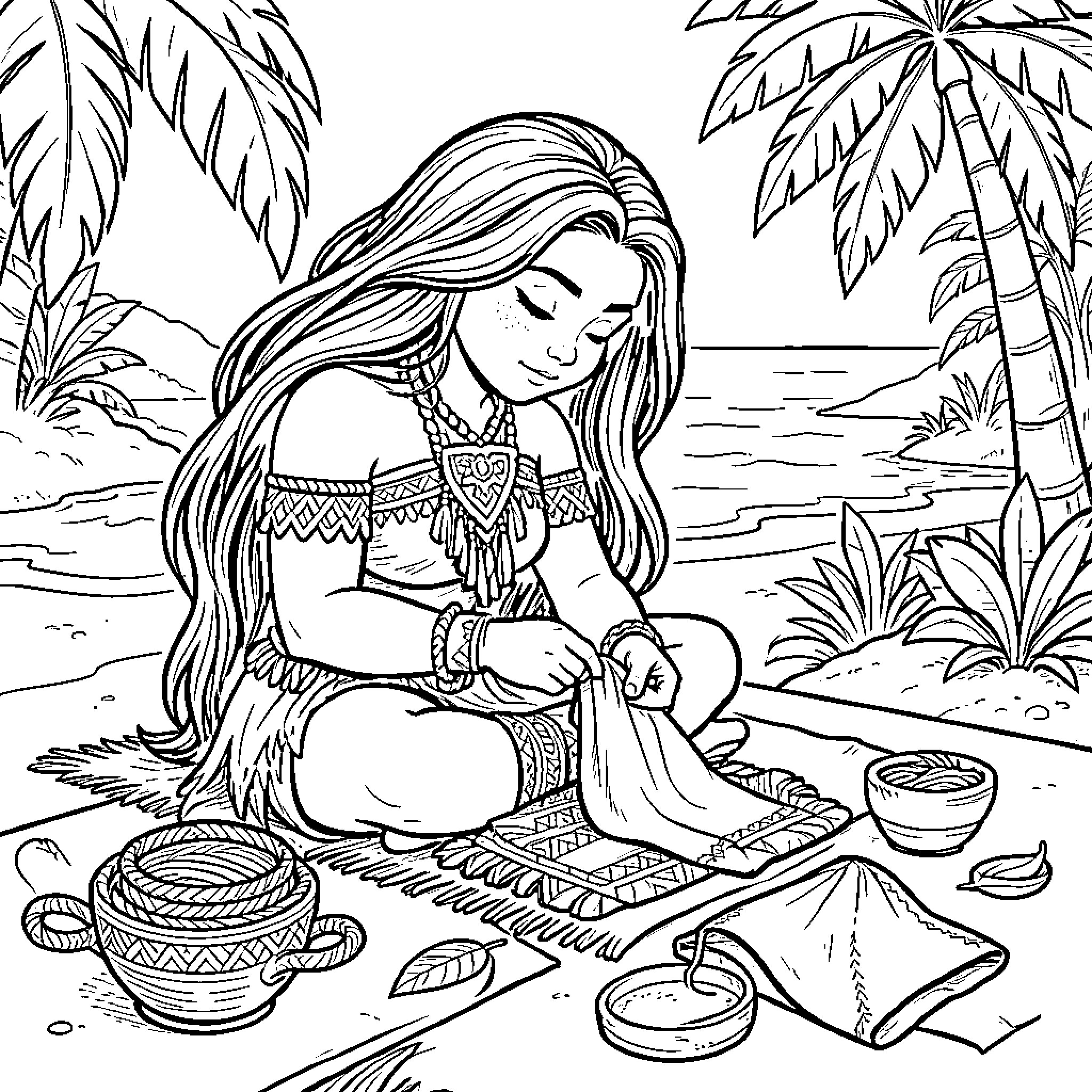 Moana sitting on the beach crafting traditional items Coloring Page (free black-and-white line drawing printable PDF for all, from beginners to advanced learners, including children, teens, adults, and seniors)