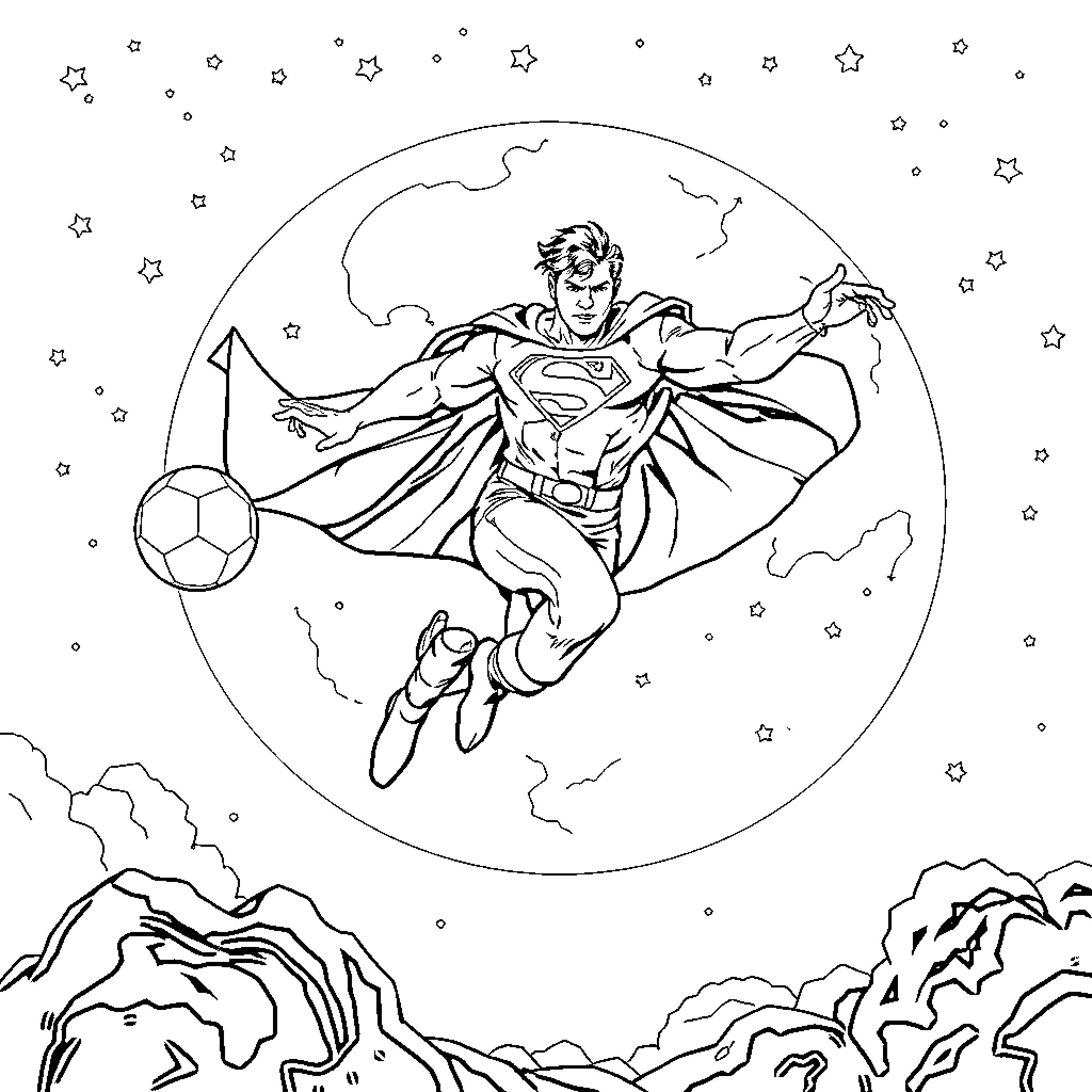 Superman soaring through the night sky Coloring Page (free black-and-white line drawing printable PDF for all, from beginners to advanced learners, including children, teens, adults, and seniors)
