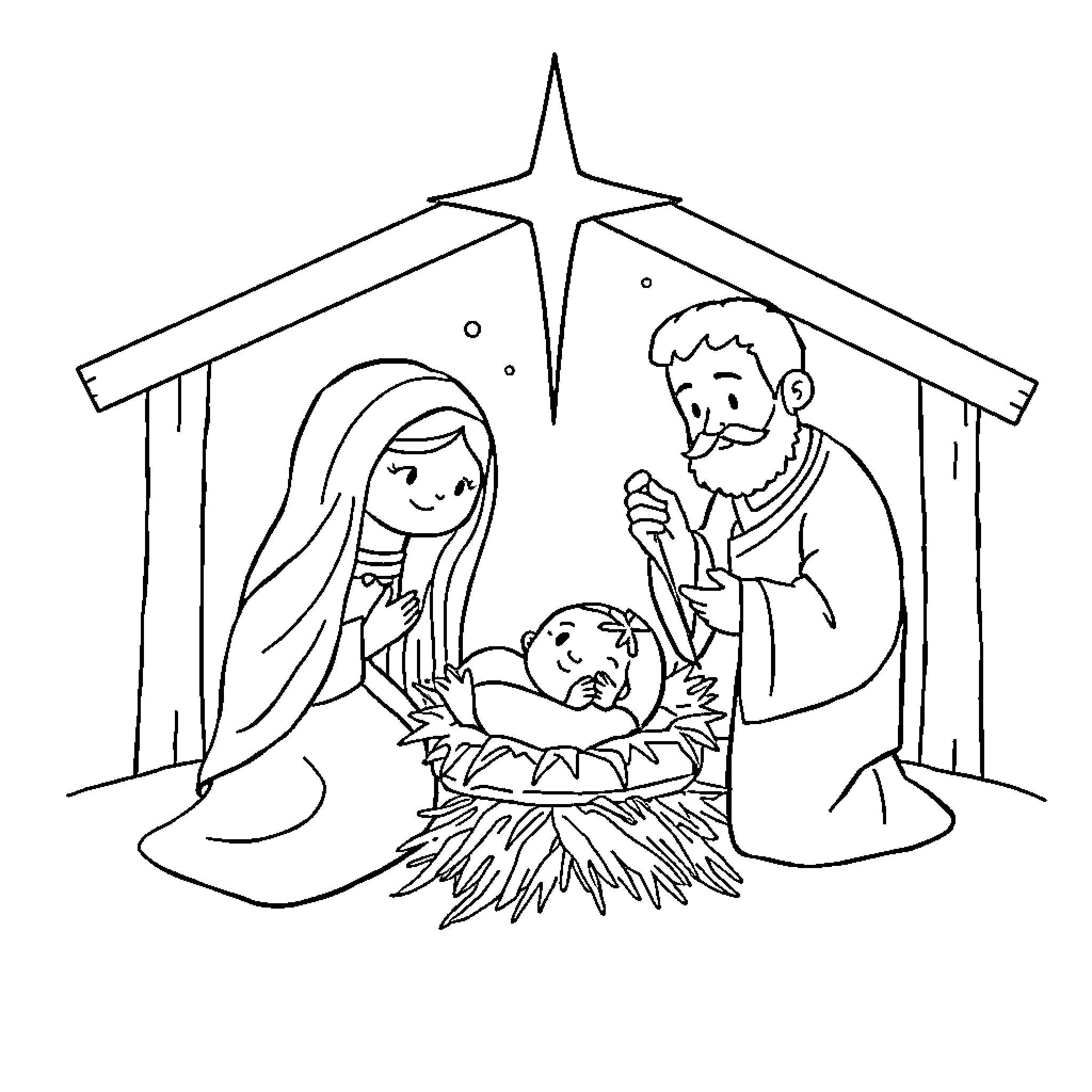Nativity Scene with Holy Family Coloring Page (free black-and-white line drawing printable PDF for all, from beginners to advanced learners, including children, teens, adults, and seniors)