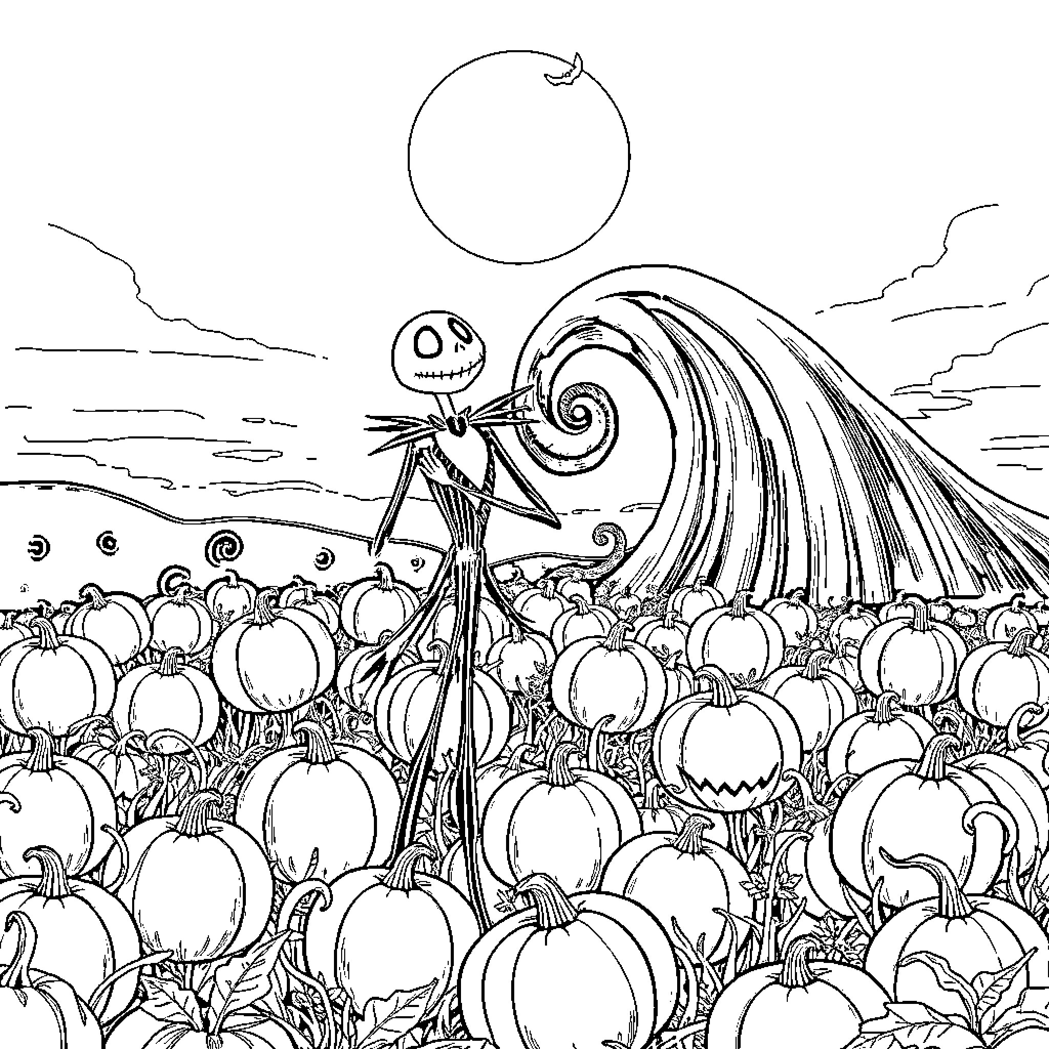 Jack Skellington standing amidst a field of pumpkins Coloring Page (free black-and-white line drawing printable PDF for all, from beginners to advanced learners, including children, teens, adults, and seniors)