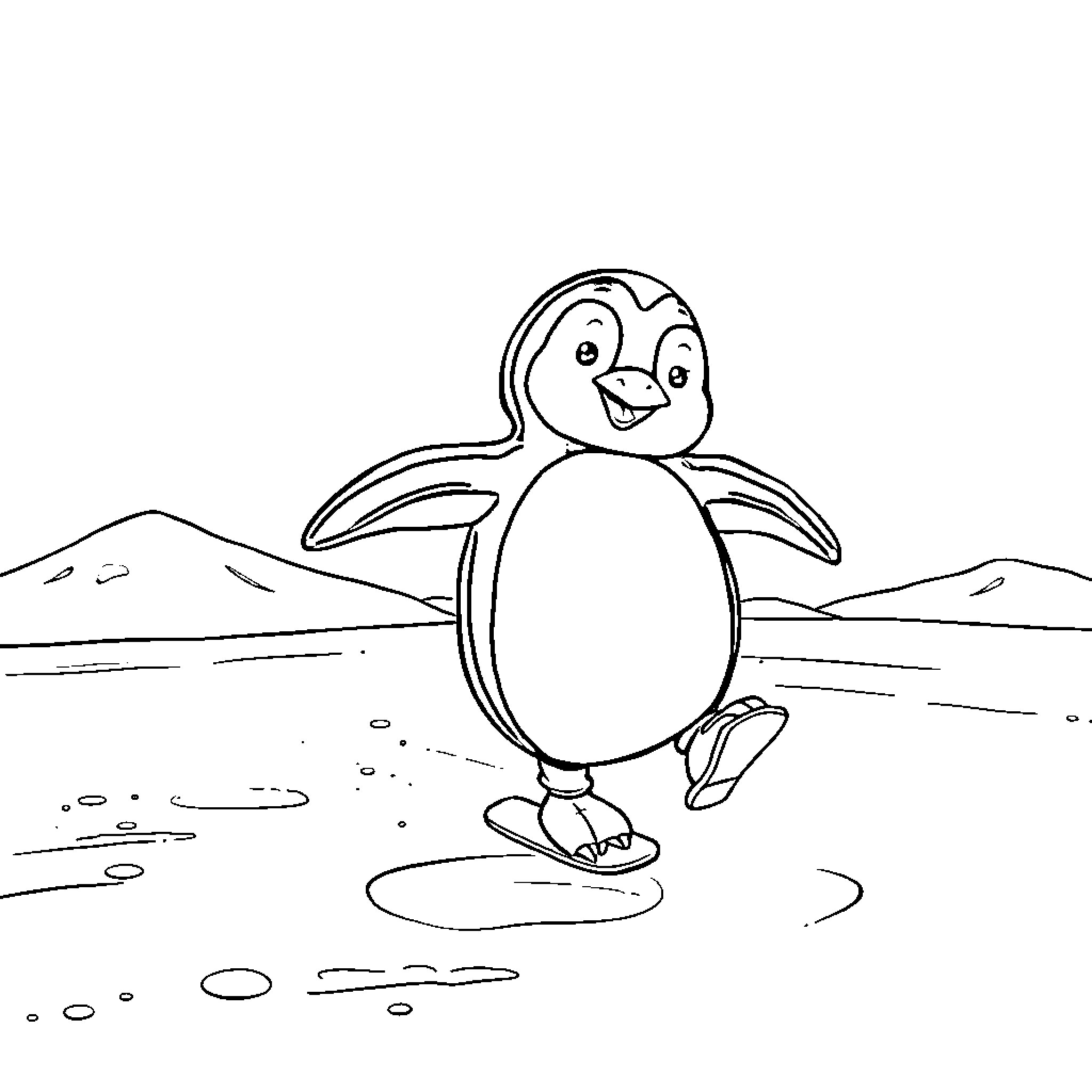 Penguin walking joyfully on snowy landscape Coloring Page (free black-and-white line drawing printable PDF for all, from beginners to advanced learners, including children, teens, adults, and seniors)