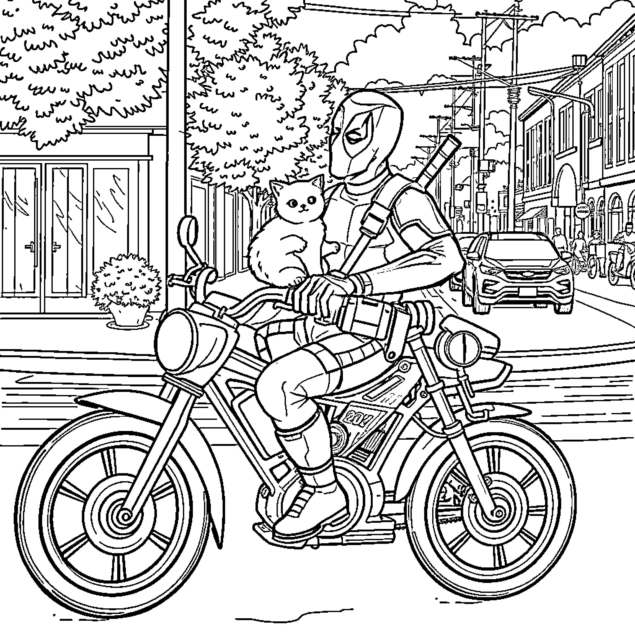 Deadpool riding motorcycle with cat through urban scene Coloring Page (free black-and-white line drawing printable PDF for all, from beginners to advanced learners, including children, teens, adults, and seniors)