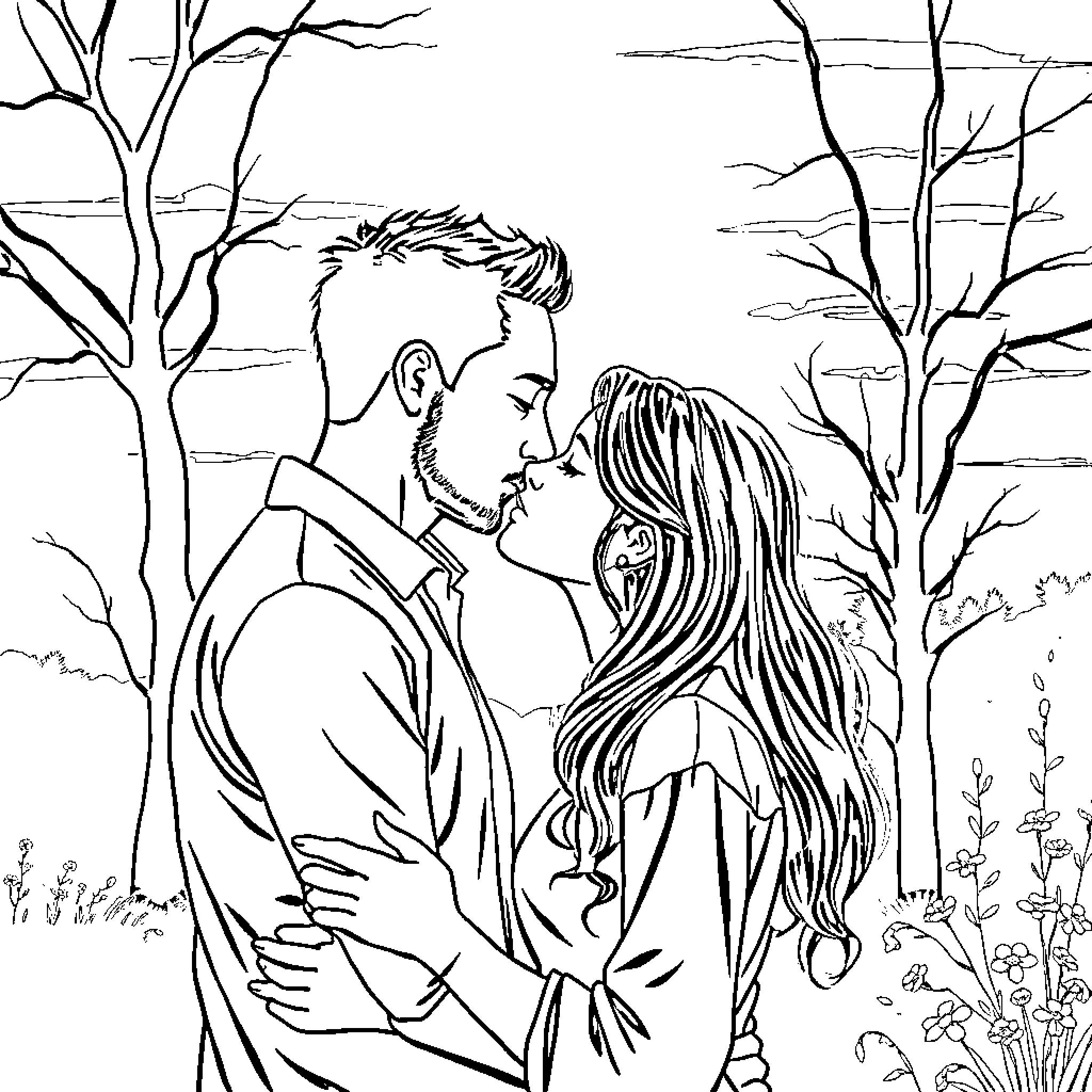 Man and Woman Embracing in Scenic Outdoor Setting Coloring Page (free black-and-white line drawing printable PDF for all, from beginners to advanced learners, including children, teens, adults, and seniors)