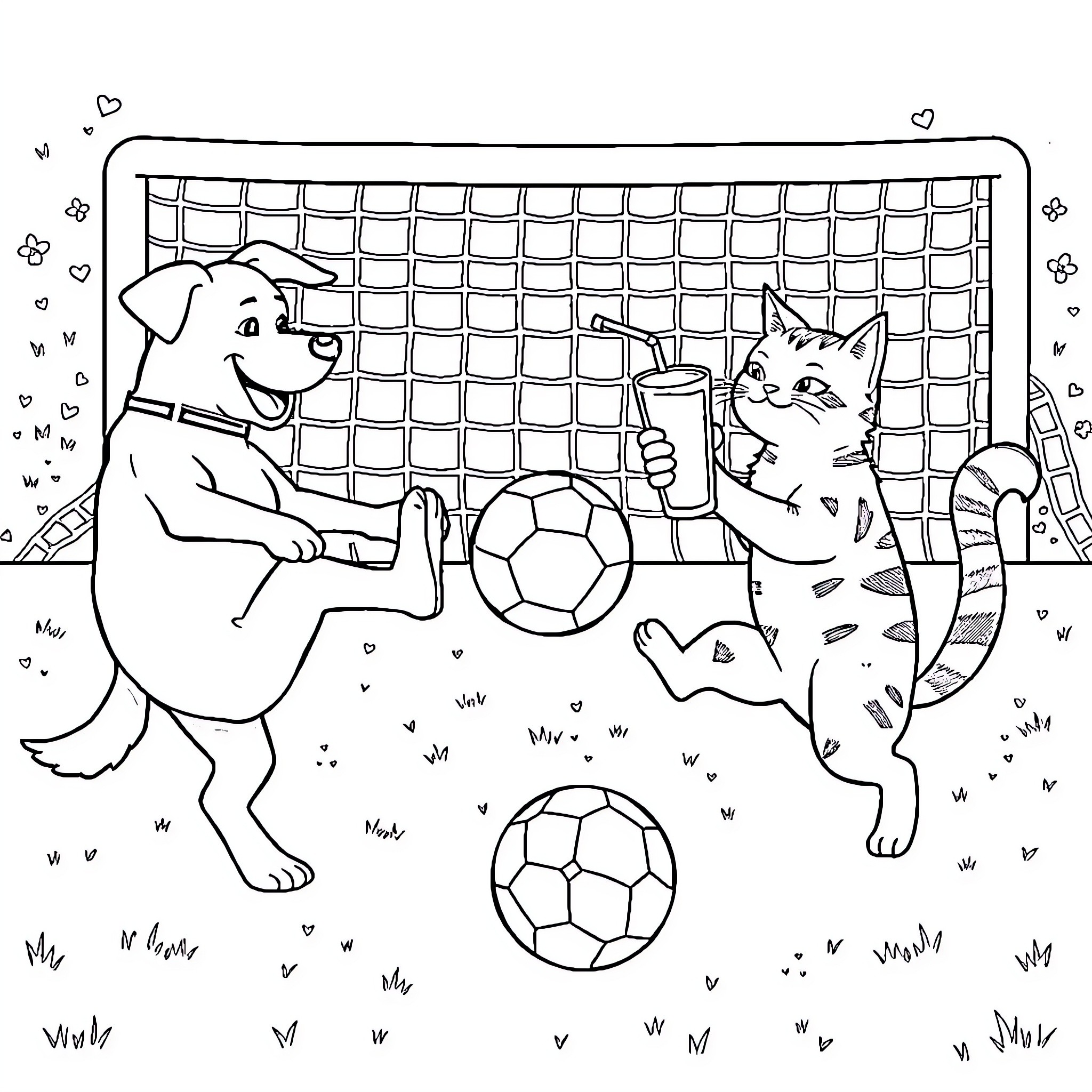 Dog and Cat Playing Soccer Together Coloring Page (free black-and-white line drawing printable PDF for all, from beginners to advanced learners, including children, teens, adults, and seniors)