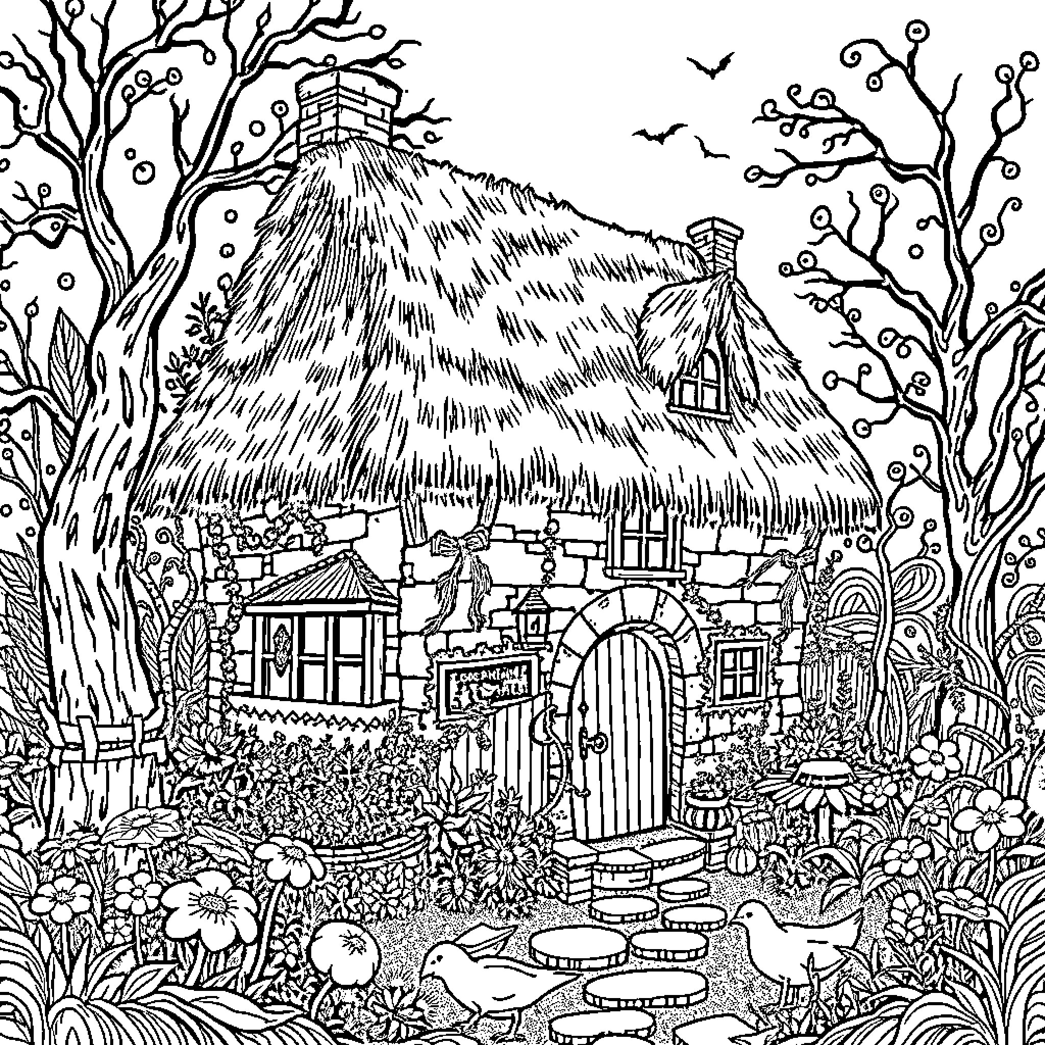 Cottage in a Whimsical Forest Scene Coloring Page (free black-and-white line drawing printable PDF for all, from beginners to advanced learners, including children, teens, adults, and seniors)