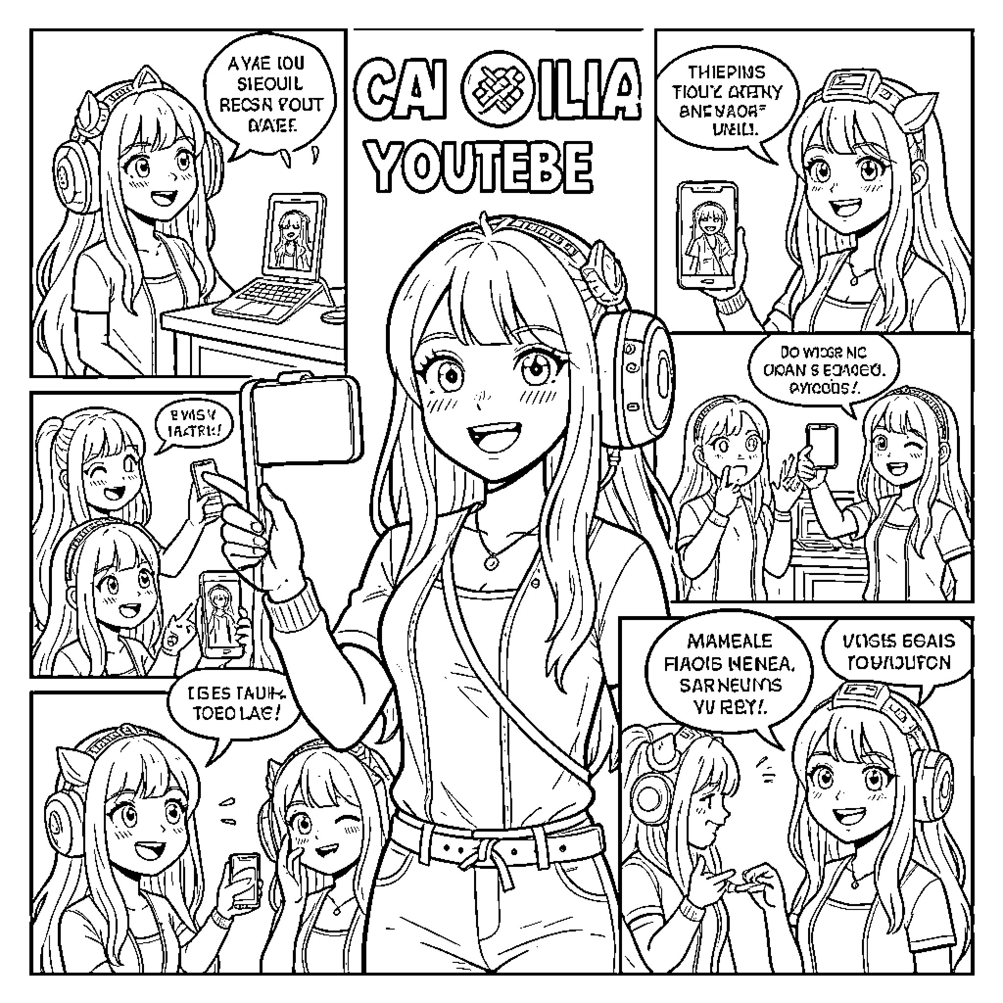 Camila interacting with her fans through various digital screens Coloring Page (free black-and-white line drawing printable PDF for all, from beginners to advanced learners, including children, teens, adults, and seniors)