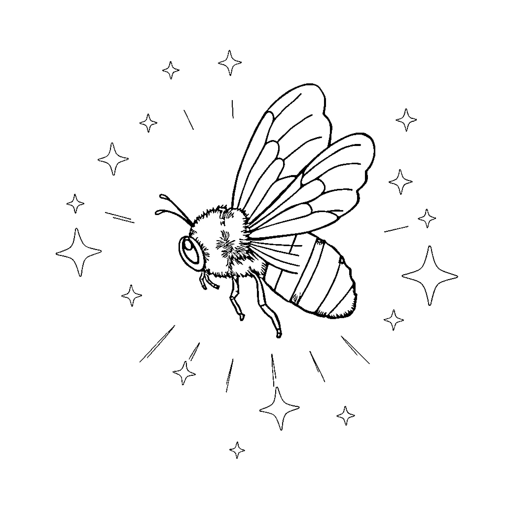 Monkey bee with sparkling stars Coloring Page (free black-and-white line drawing printable PDF for all, from beginners to advanced learners, including children, teens, adults, and seniors)