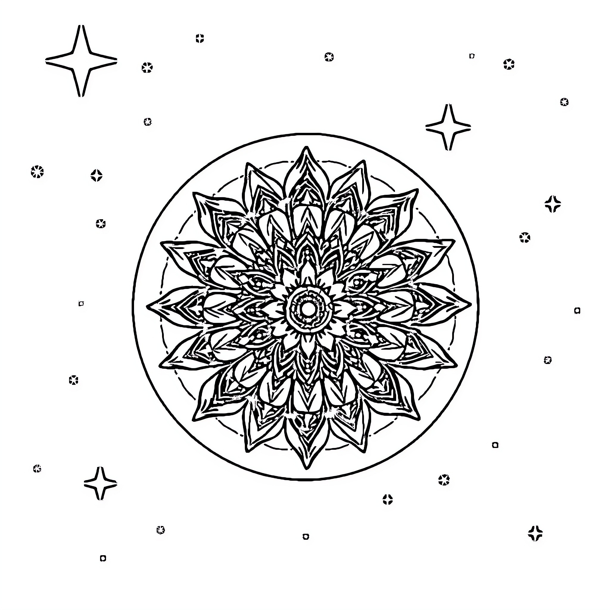 Mandala of intricate symmetrical patterns Coloring Page (free black-and-white line drawing printable PDF for all, from beginners to advanced learners, including children, teens, adults, and seniors)
