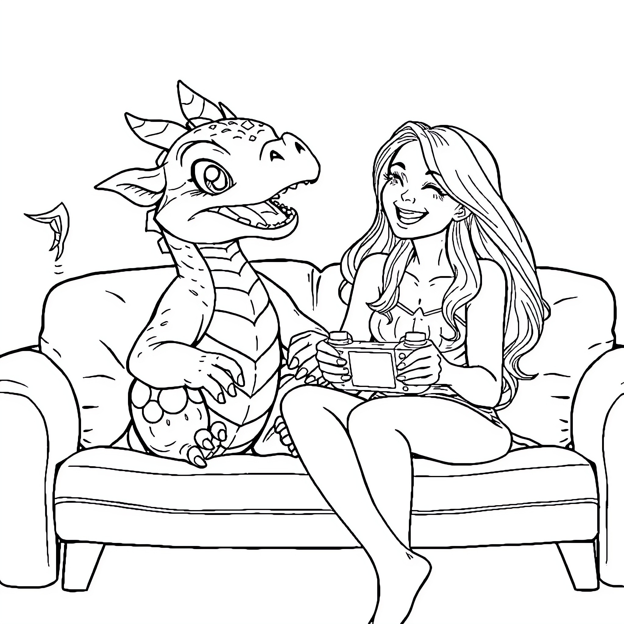 Dragon and girl enjoying a cozy moment together Coloring Page (free black-and-white line drawing printable PDF for all, from beginners to advanced learners, including children, teens, adults, and seniors)