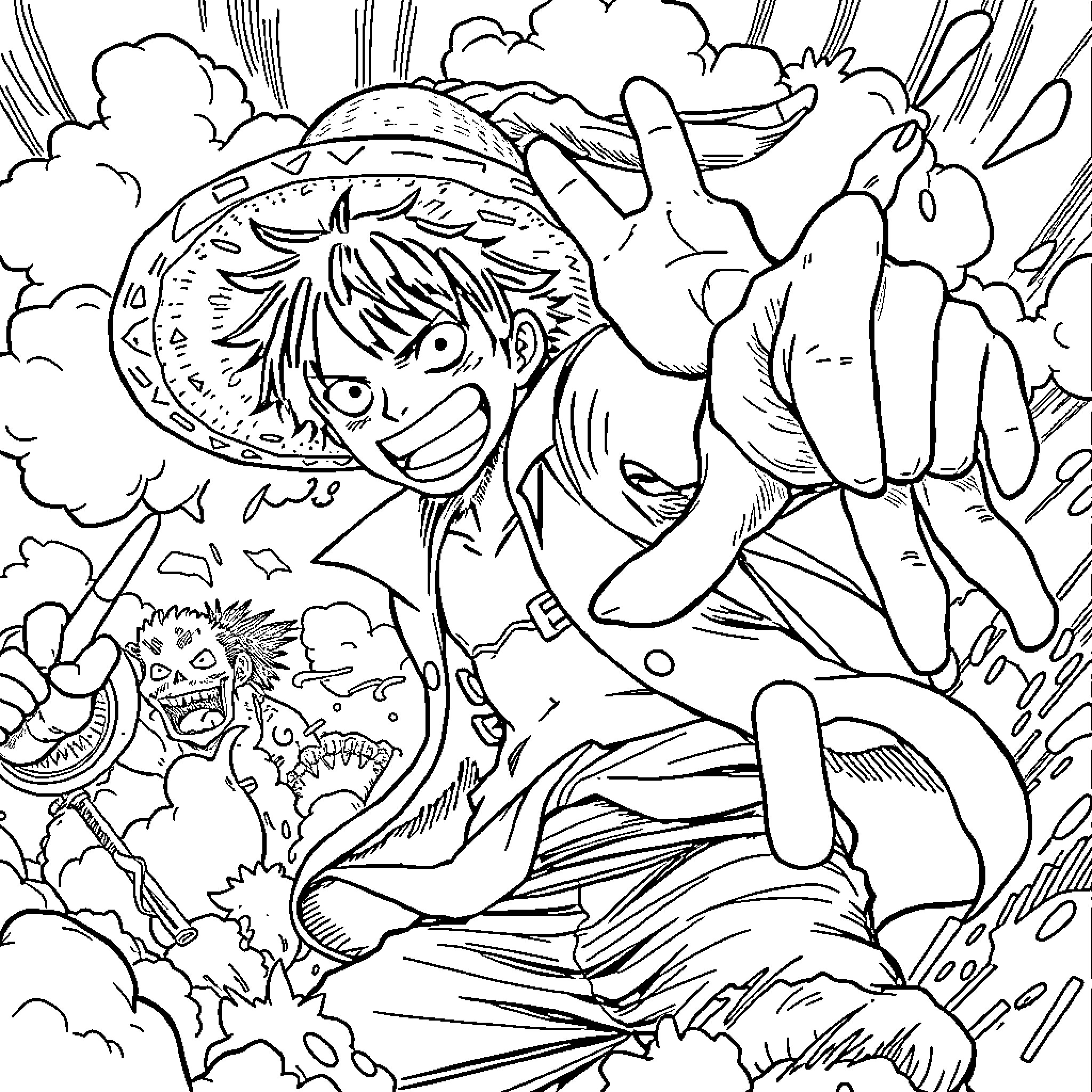 Luffy's Exciting Adventure in the Chaotic Landscape Coloring Page (free black-and-white line drawing printable PDF for all, from beginners to advanced learners, including children, teens, adults, and seniors)