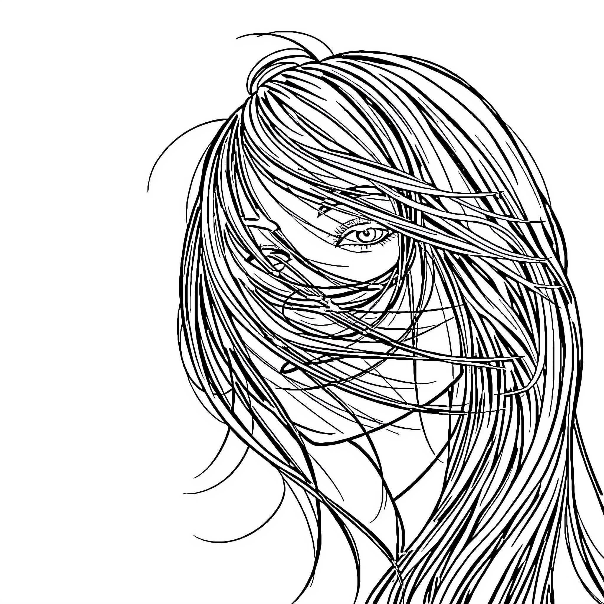 Hair of a mysterious figure Coloring Page (free black-and-white line drawing printable PDF for all, from beginners to advanced learners, including children, teens, adults, and seniors)