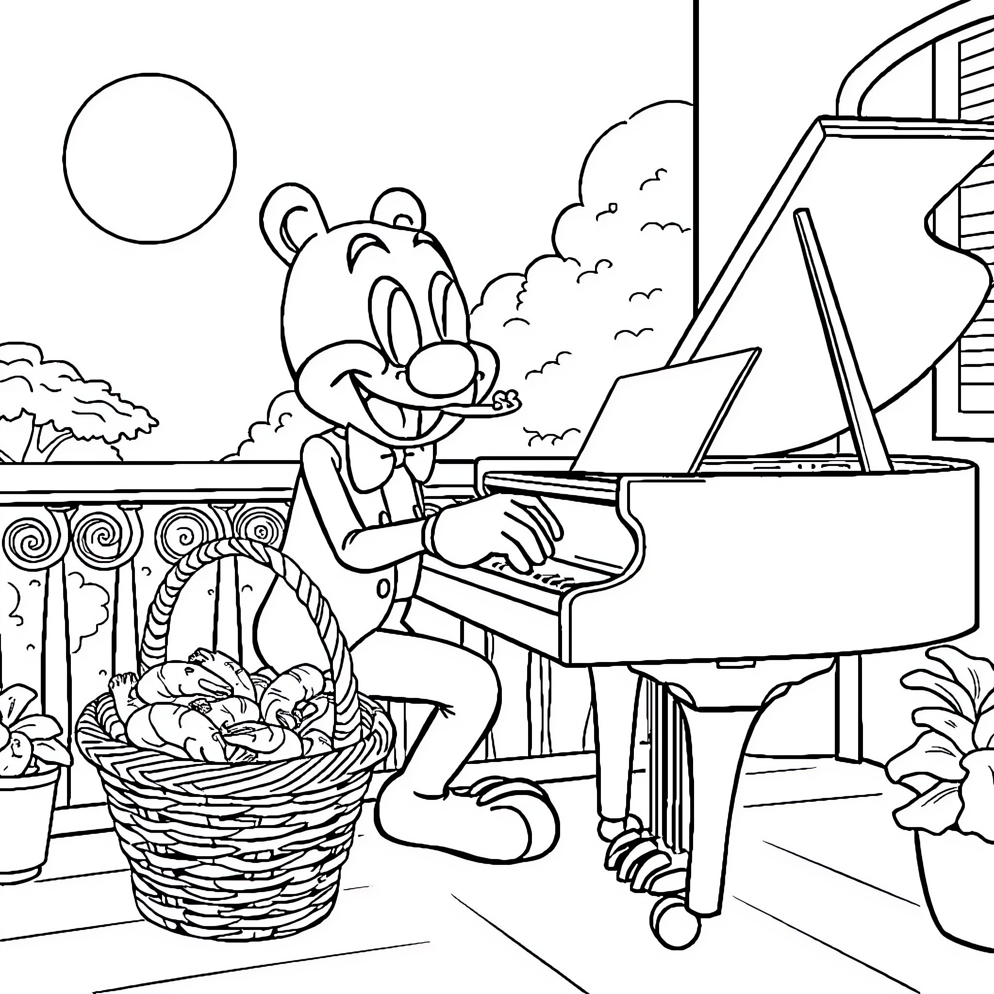 Diddy the bear playing piano outdoors Coloring Page (free black-and-white line drawing printable PDF for all, from beginners to advanced learners, including children, teens, adults, and seniors)