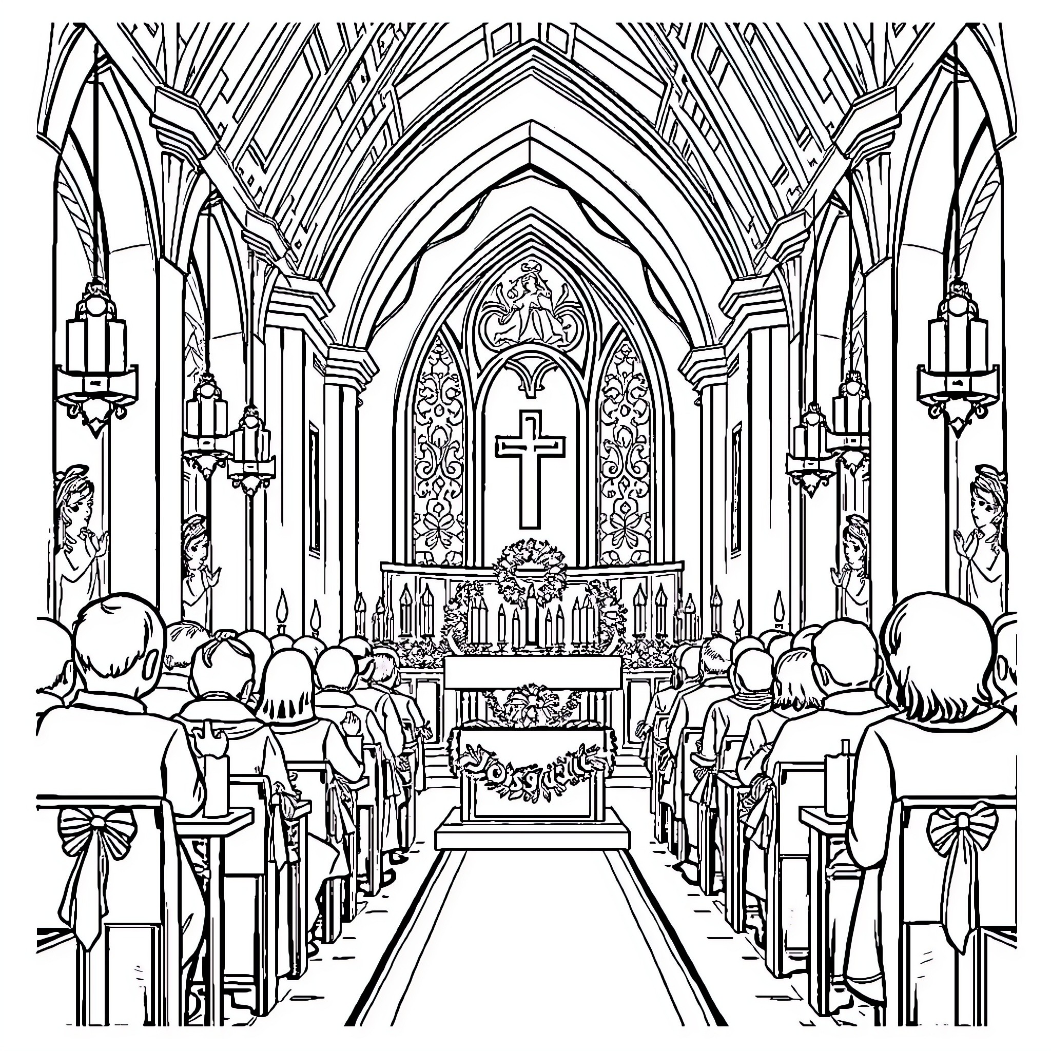 Christmas Celebration in a Grand Cathedral Coloring Page (free black-and-white line drawing printable PDF for all, from beginners to advanced learners, including children, teens, adults, and seniors)