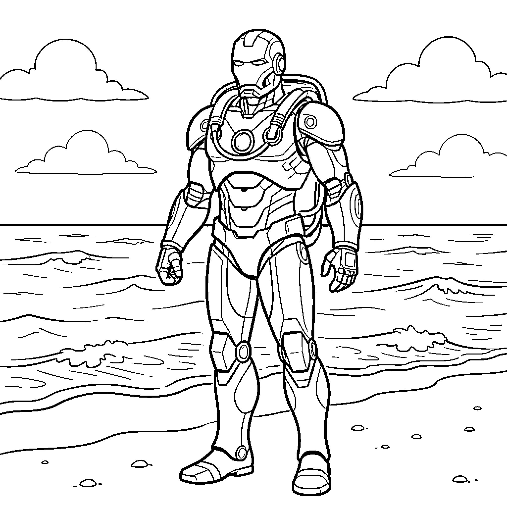 Iron Man standing heroically on a sandy beach Coloring Page (free black-and-white line drawing printable PDF for all, from beginners to advanced learners, including children, teens, adults, and seniors)